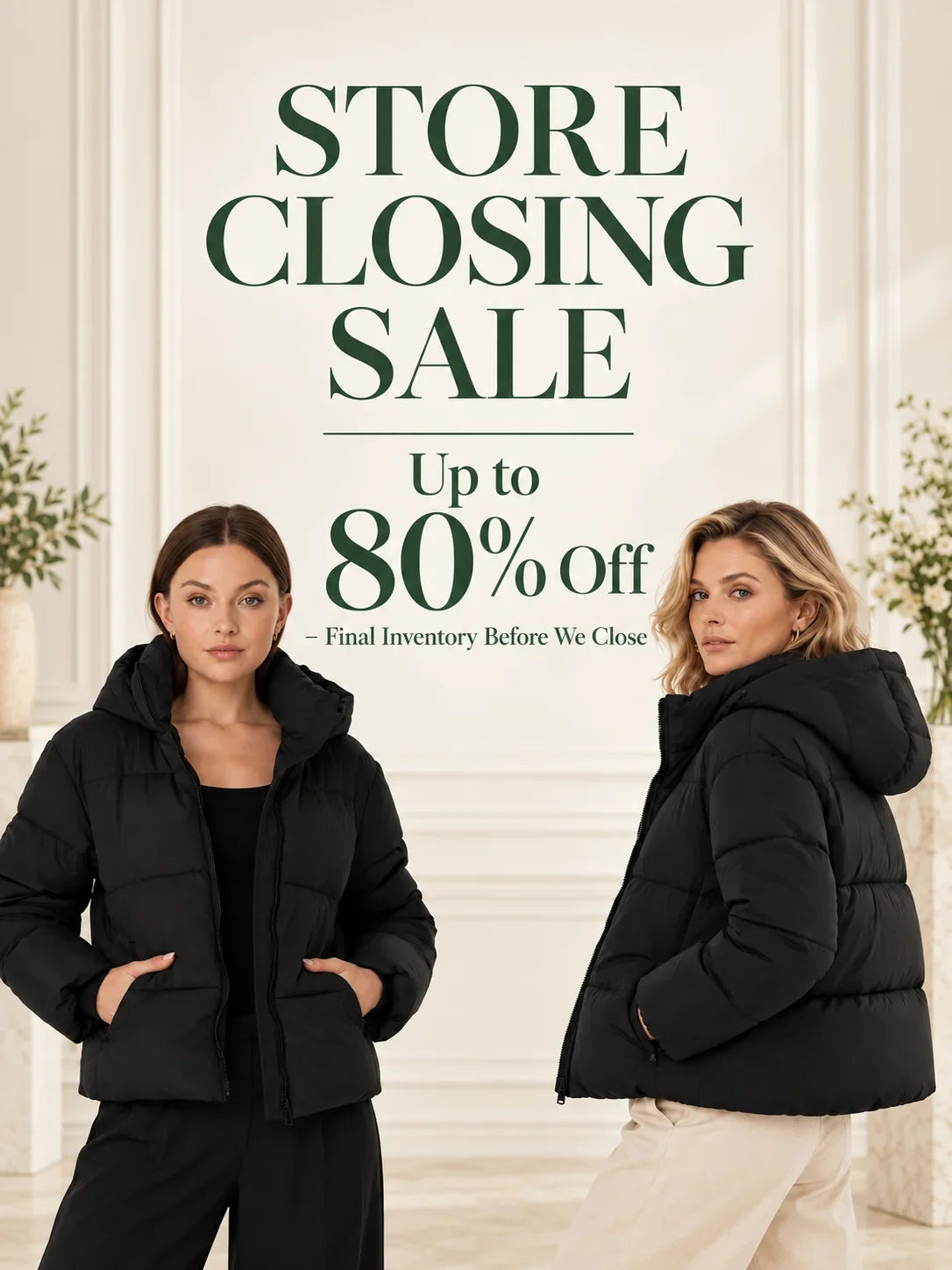 Two women wearing black puffer jackets with a store closing sale banner offering up to 80% off.