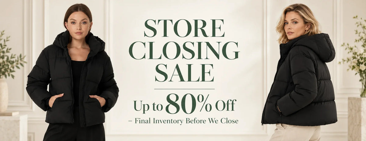 Two women wearing black puffer jackets with text announcing a store closing sale up to 80% off.