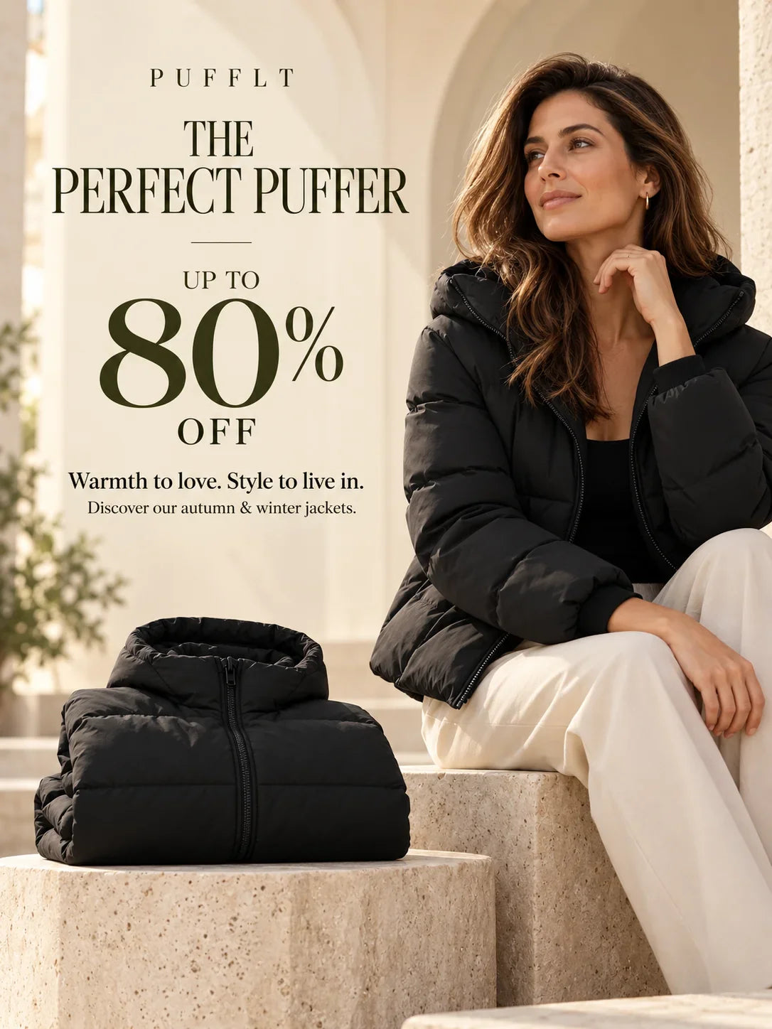 Woman wearing a black puffer jacket with an 80% off sale advertisement.
