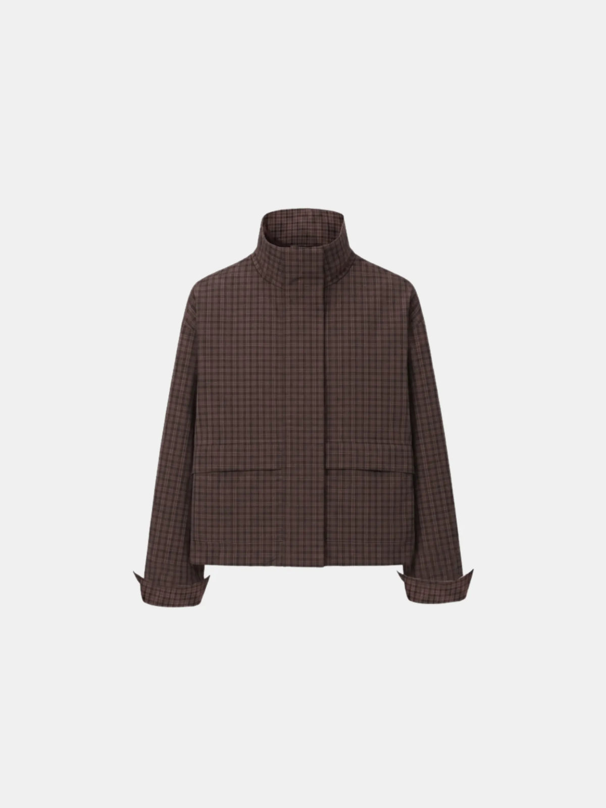 PUFFLT Brown Check Funnel Collar Waterproof Bomber Jacket