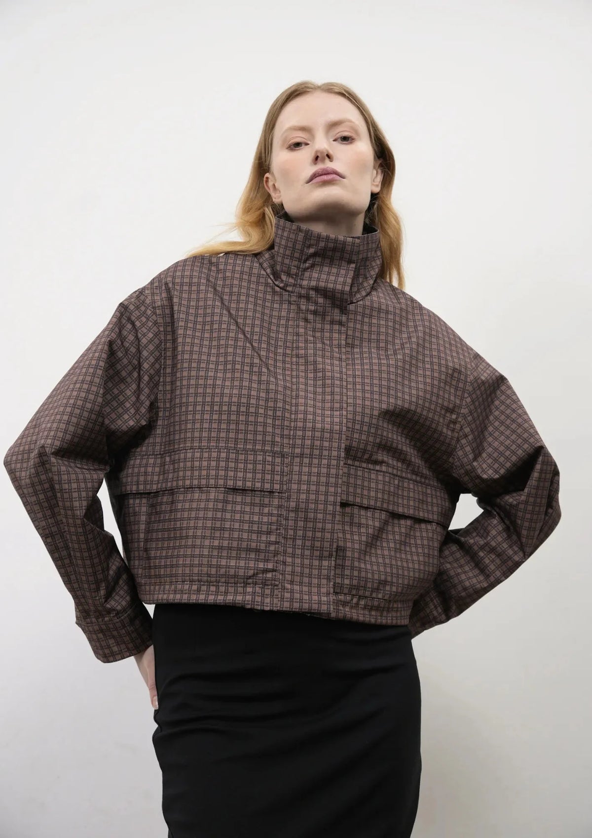 PUFFLT Brown Check Funnel Collar Waterproof Bomber Jacket