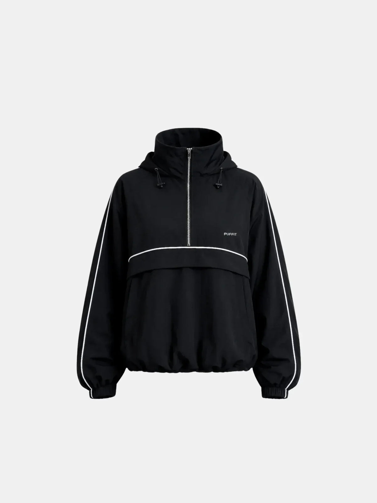 Black PUFFLT water repellent packable-hood track anorak with white side stripes.