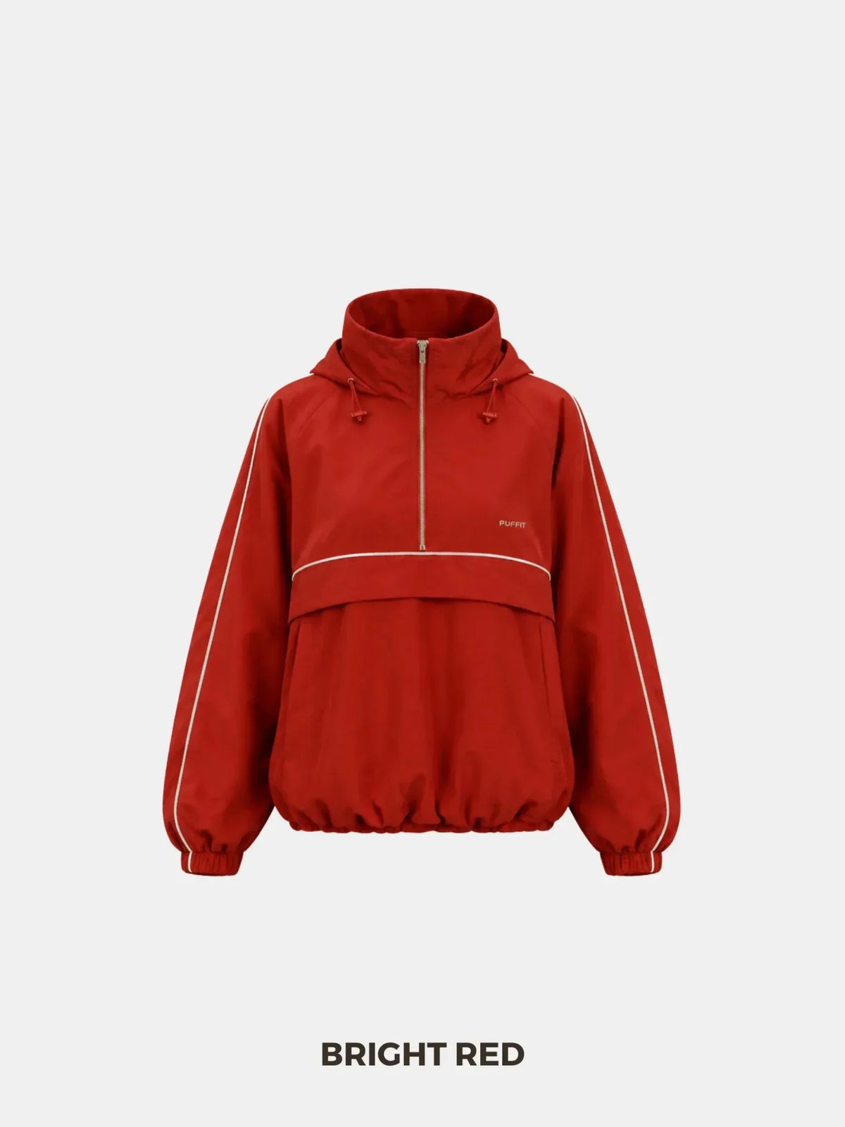 PUFFLT bright red water repellent packable-hood track anorak jacket.