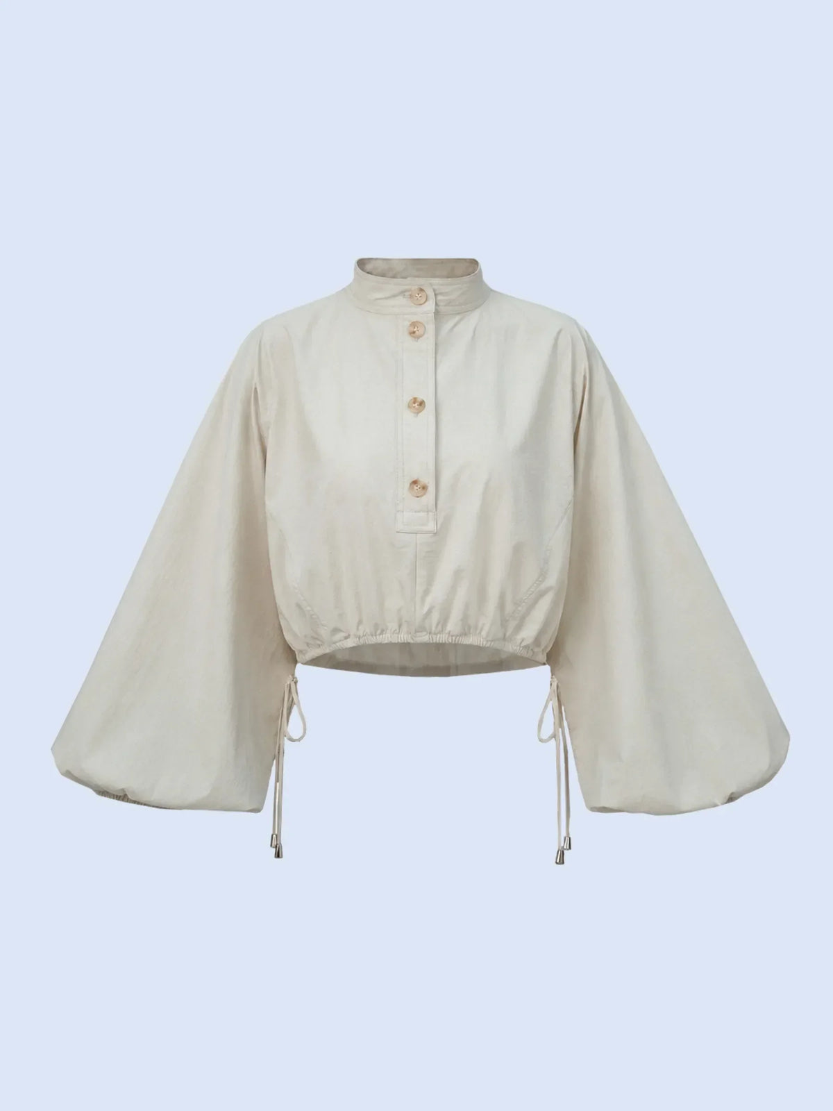 PUFFLT cream drawstring waist blouse with puff sleeves and button front