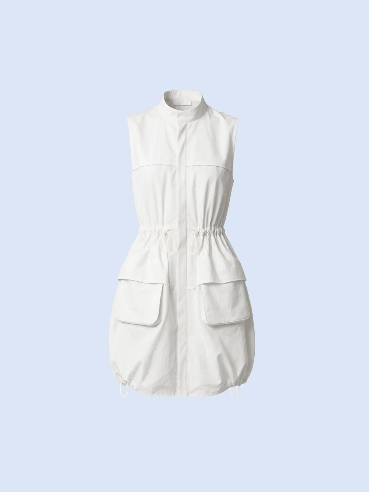 PUFFLT white sleeveless zipped long bubble dress with drawstring waist and large pockets