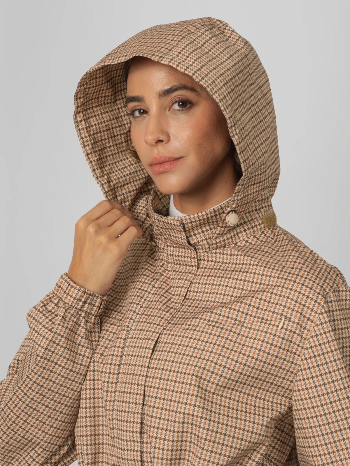 PUFFLT Beige Houndstooth Short Drawstring Waist Rain Jacket