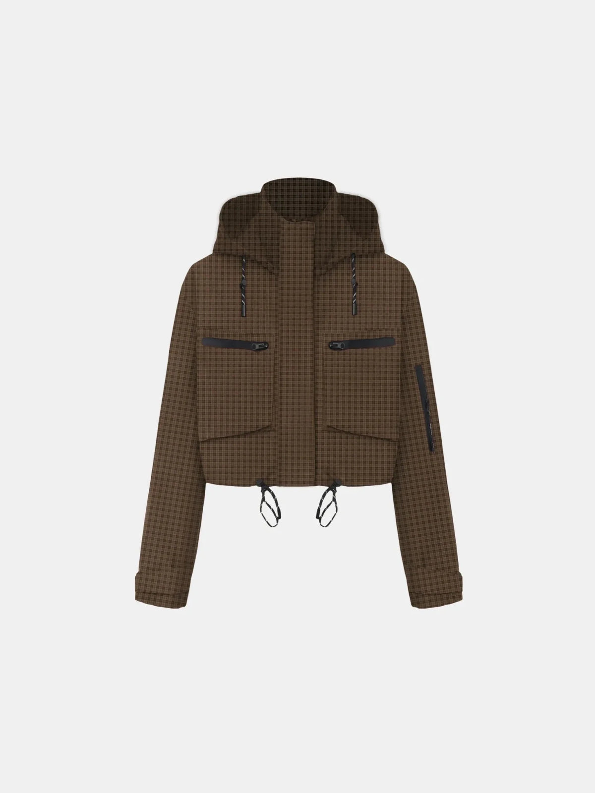 PUFFLT Brown Check Cropped Detached Hooded Rain Jacket