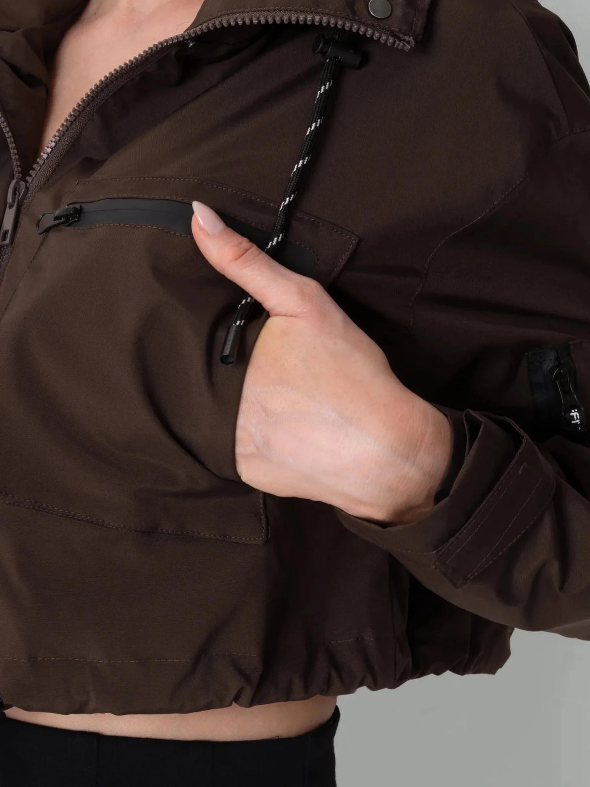 PUFFLT Brown Check Cropped Detached Hooded Rain Jacket