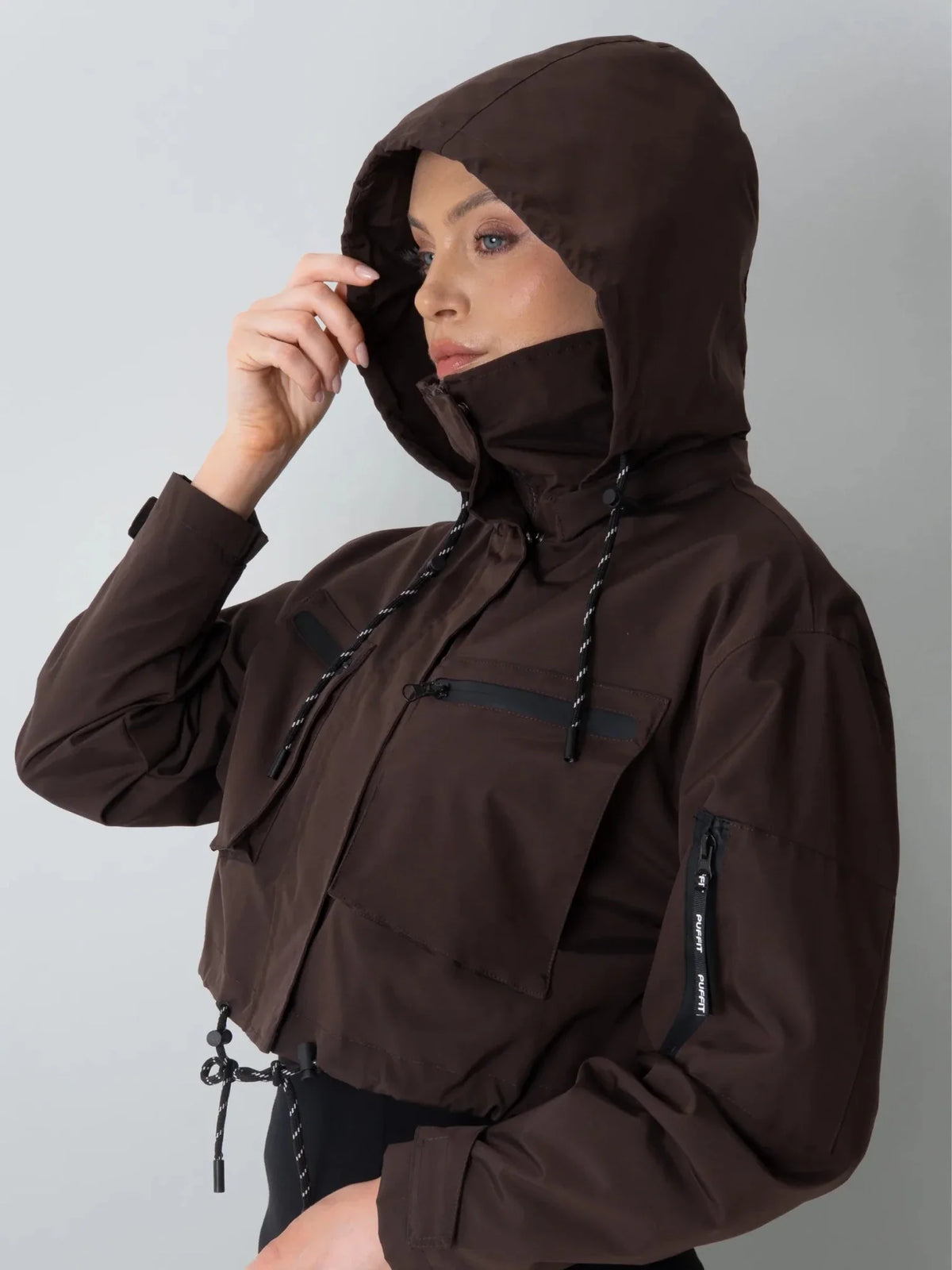 PUFFLT Brown Check Cropped Detached Hooded Rain Jacket