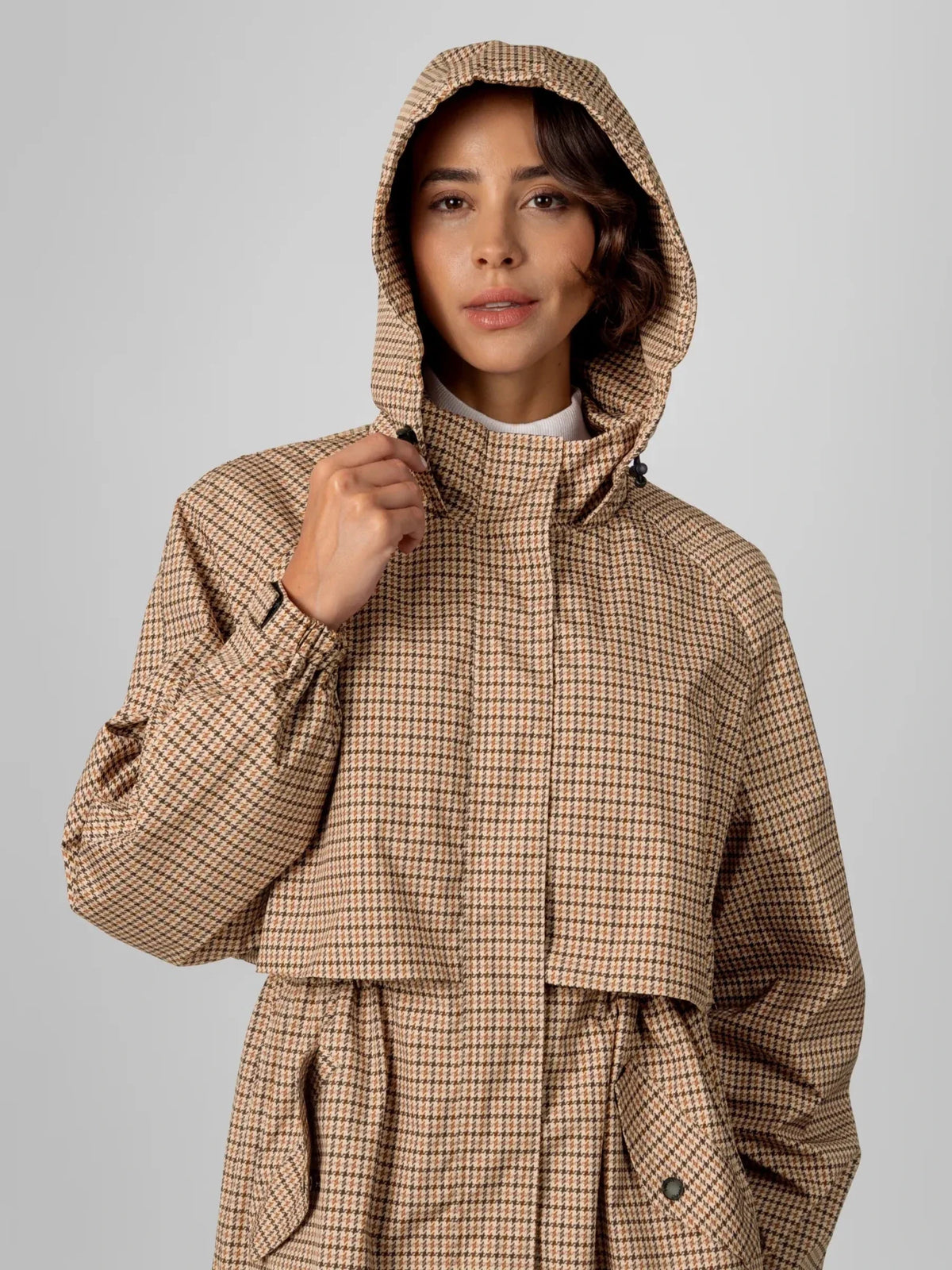 PUFFLT Beige Houndstooth Long Breathable Raincoat