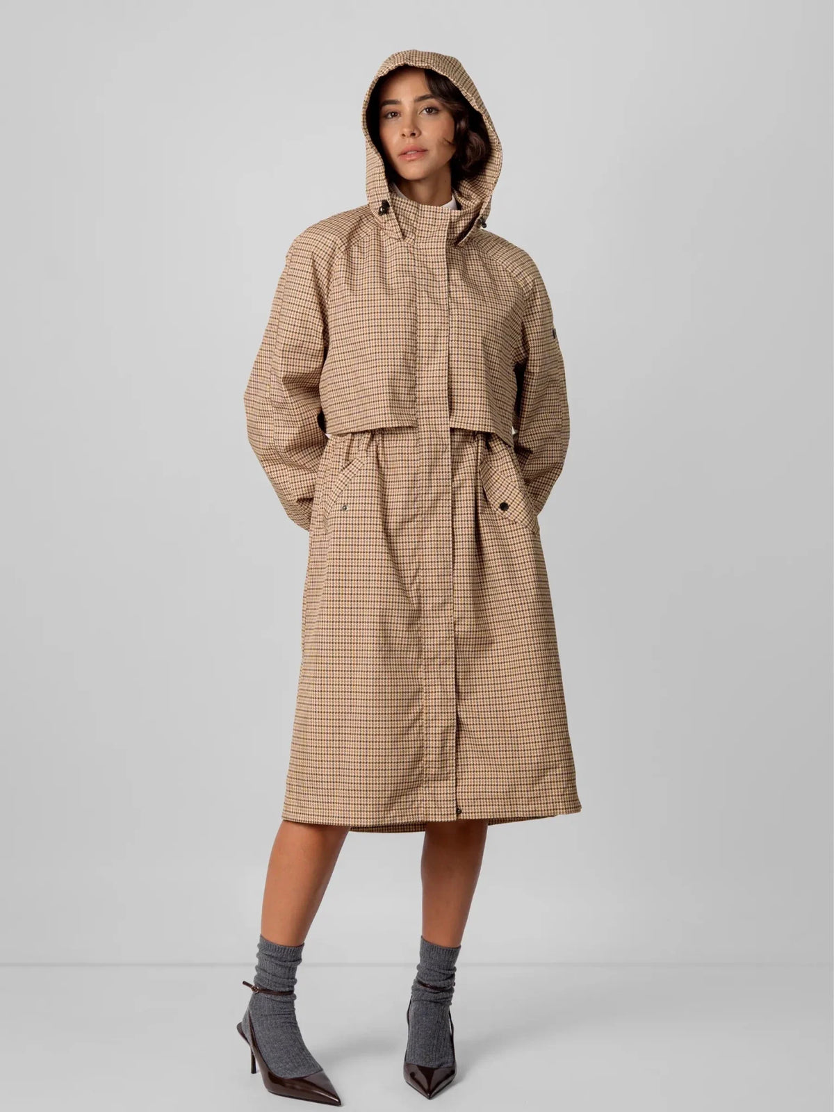 PUFFLT Beige Houndstooth Long Breathable Raincoat