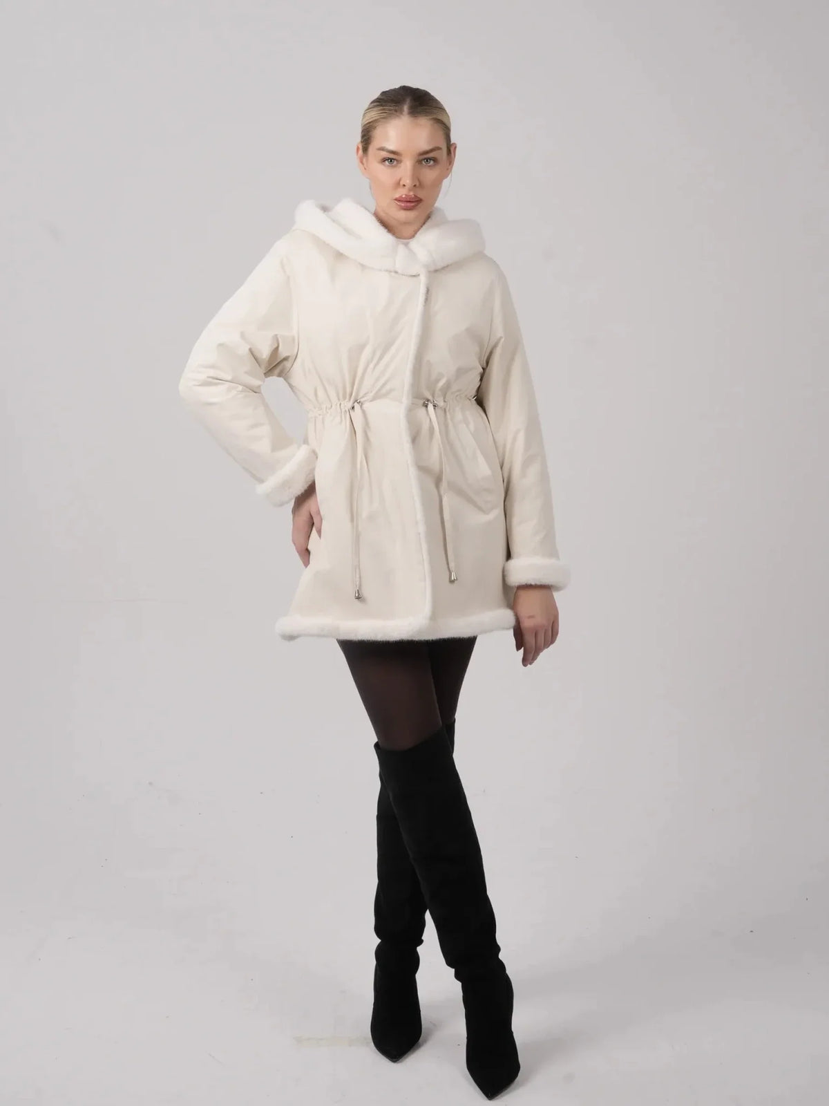 PUFFLT Faux Fur Lined Mid Length Rain Coat