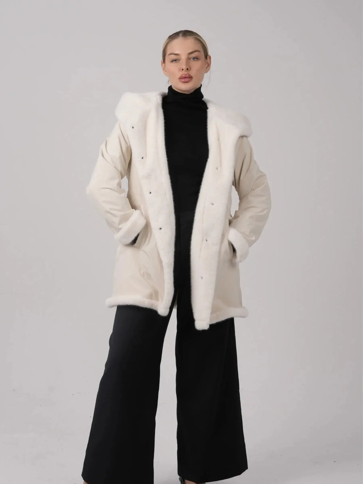 PUFFLT Faux Fur Lined Mid Length Rain Coat