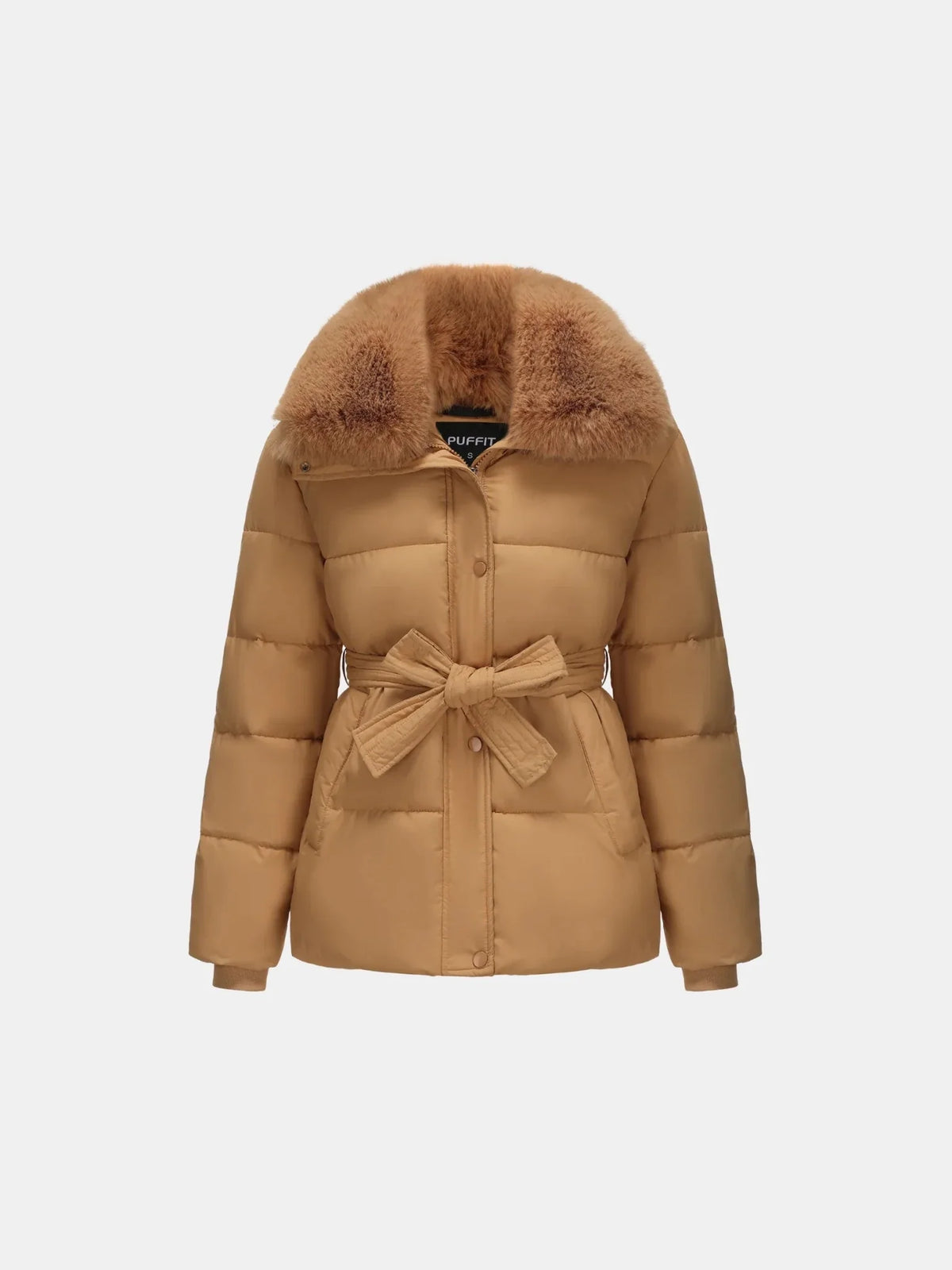 PUFFLT Beige Detachable Faux Fur Collar Puffer With Belt