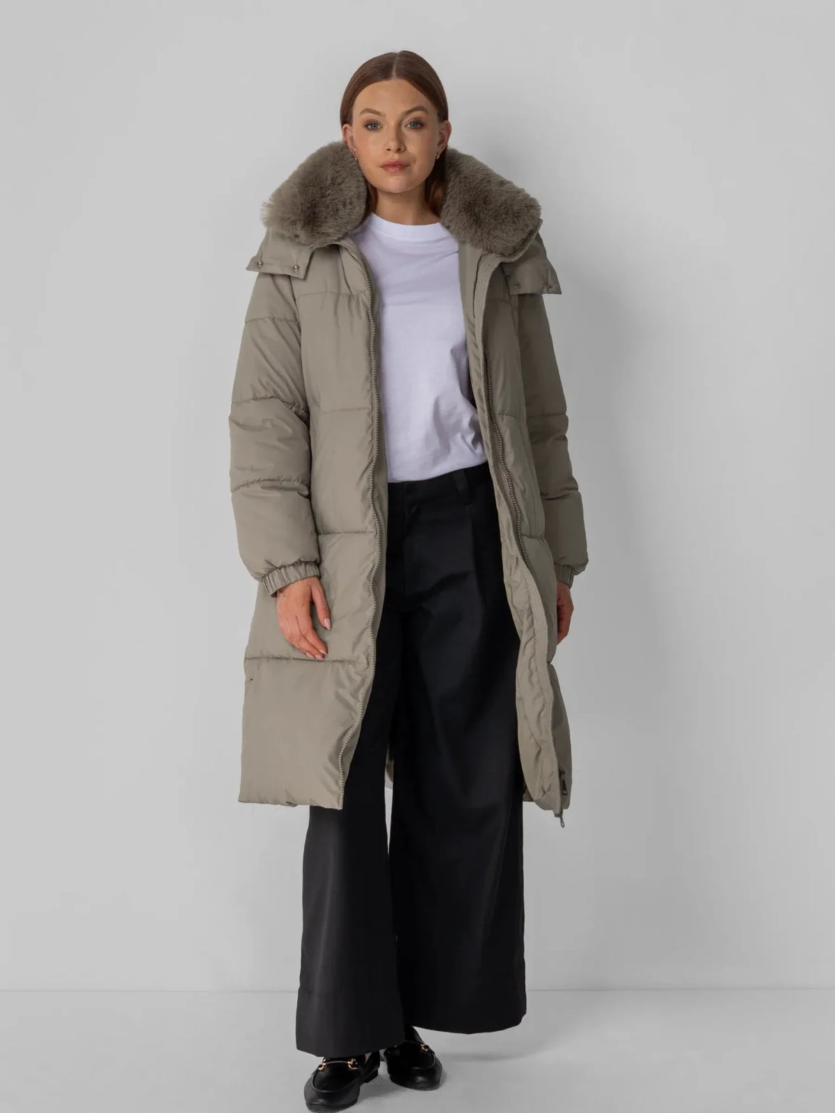 PUFFLT Faux Fur Collar Long Puffer Jacket