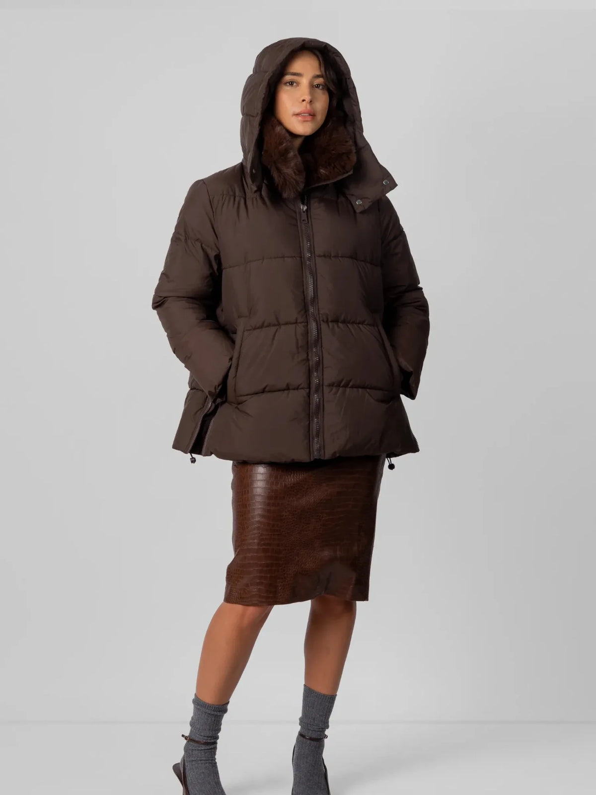 PUFFLT Detachable Faux Fur Collar Hooded Puffer