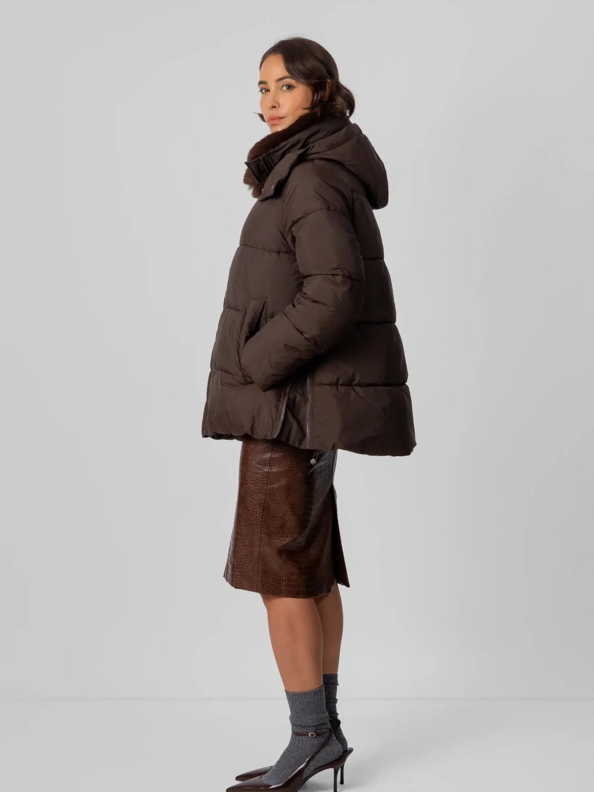 PUFFLT Detachable Faux Fur Collar Hooded Puffer