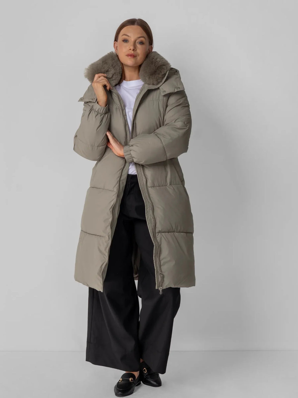 PUFFLT Faux Fur Collar Long Puffer Jacket