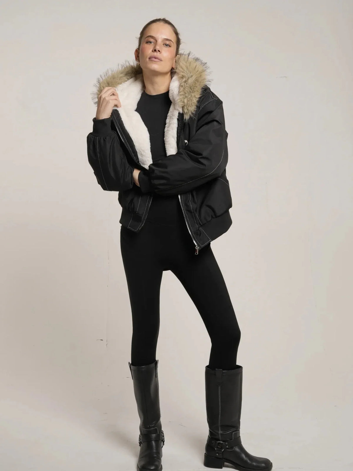 PUFFLT Faux Fur Lined And Trim Bomber Jacket