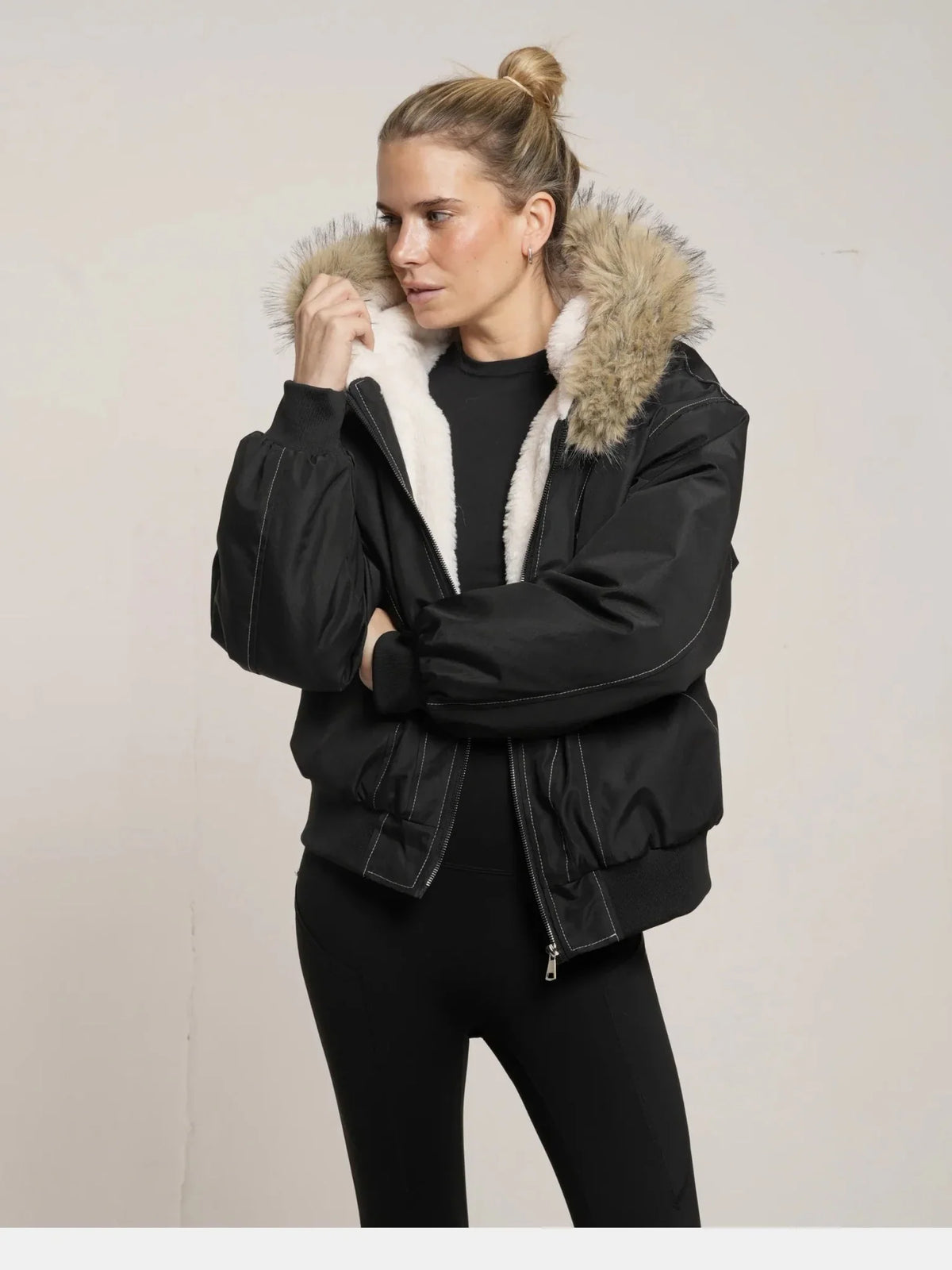 PUFFLT Faux Fur Lined And Trim Bomber Jacket
