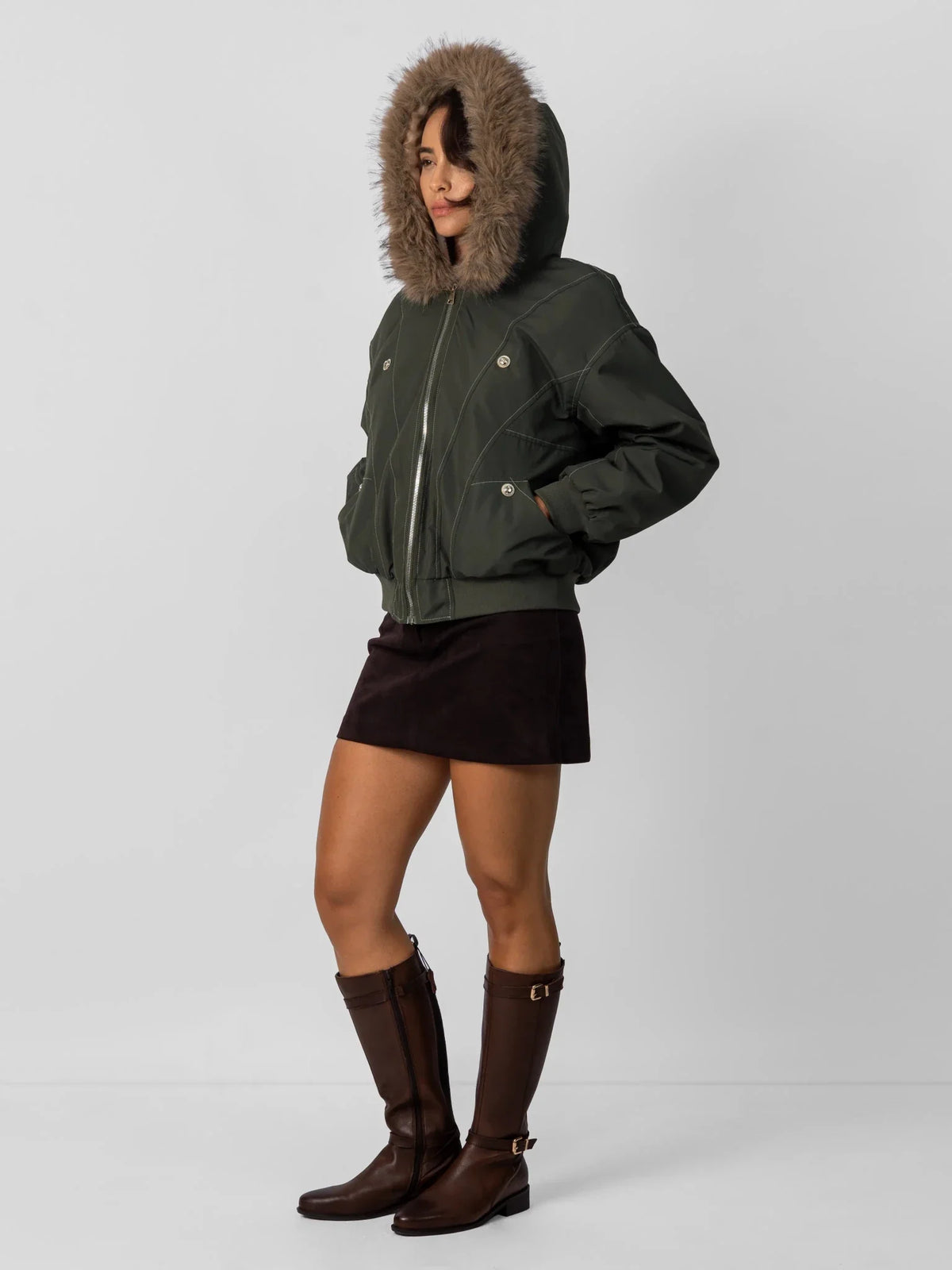 PUFFLT Faux Fur Lined And Trim Bomber Jacket