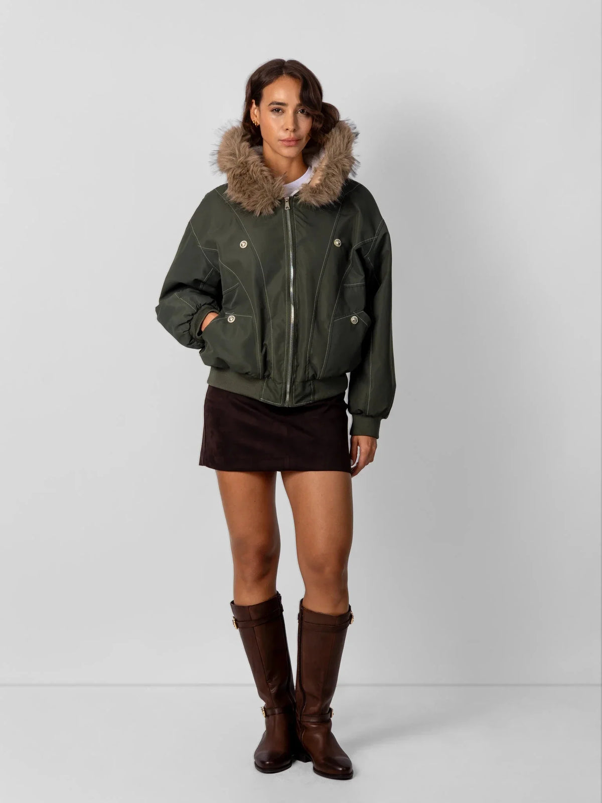 PUFFLT Faux Fur Lined And Trim Bomber Jacket