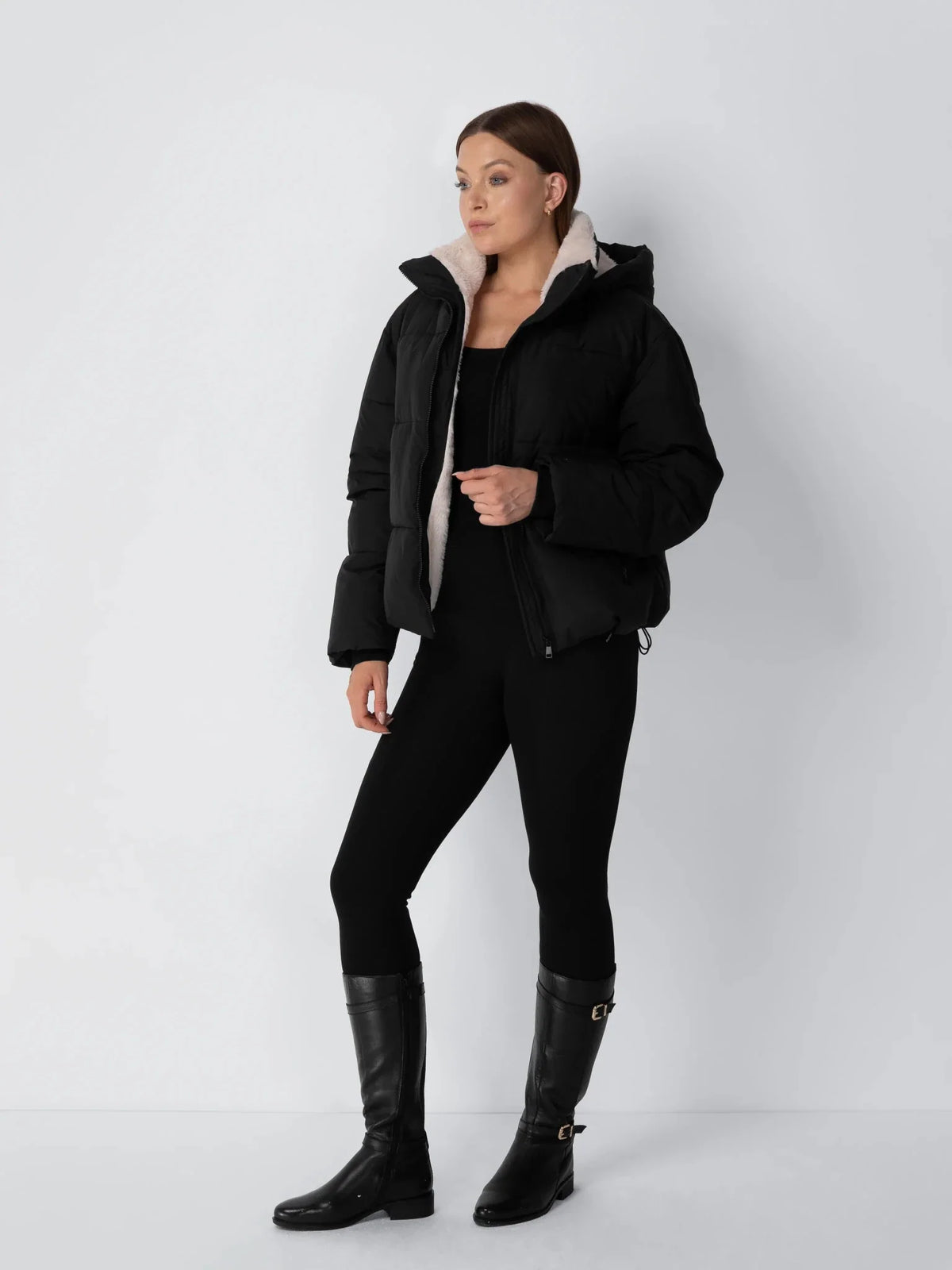 PUFFLT Faux Fur Lined Detachable Hooded Short Puffer Jacket