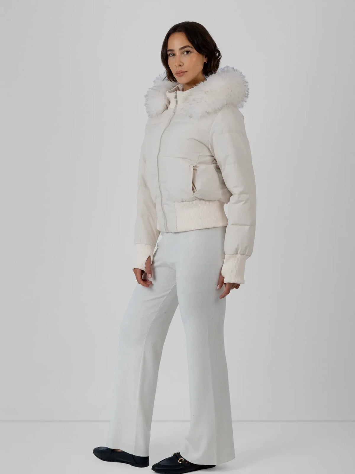 PUFFLT Faux Fur Lined Puffer Bomber With Detachable Hood Trim