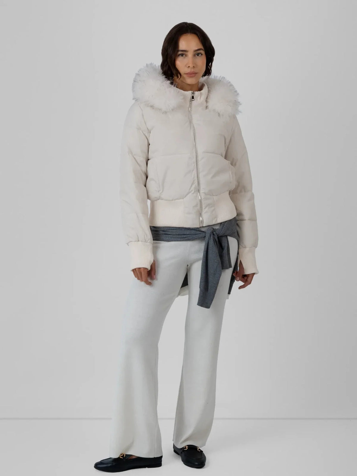 PUFFLT Faux Fur Lined Puffer Bomber With Detachable Hood Trim