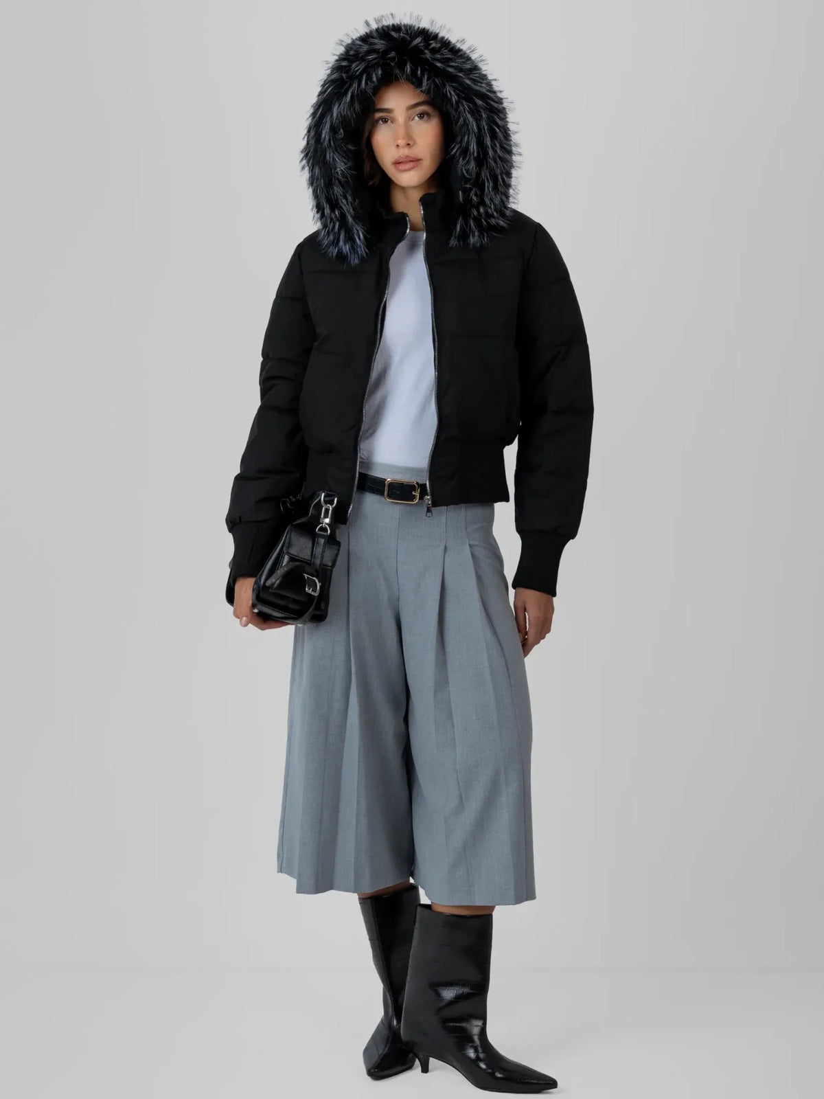 PUFFLT Faux Fur Lined Puffer Bomber With Detachable Hood Trim