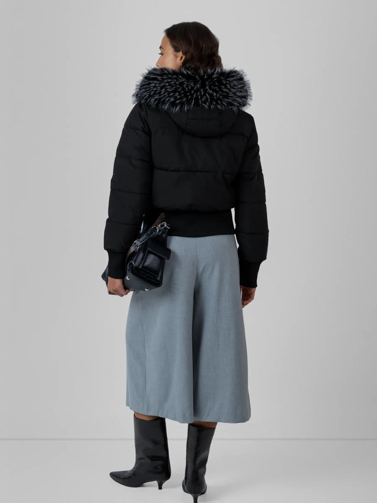 PUFFLT Faux Fur Lined Puffer Bomber With Detachable Hood Trim