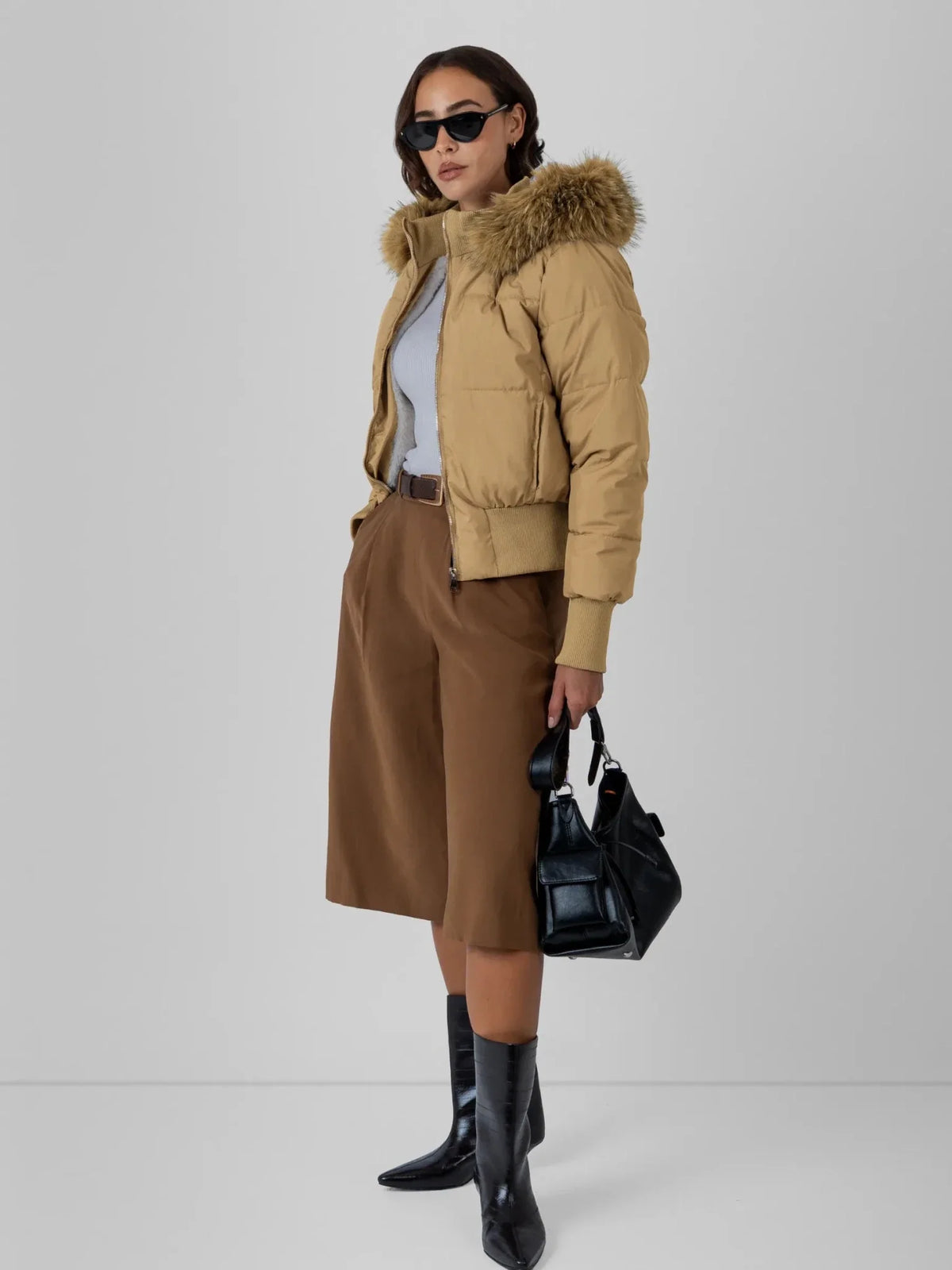 PUFFLT Faux Fur Lined Puffer Bomber With Detachable Hood Trim