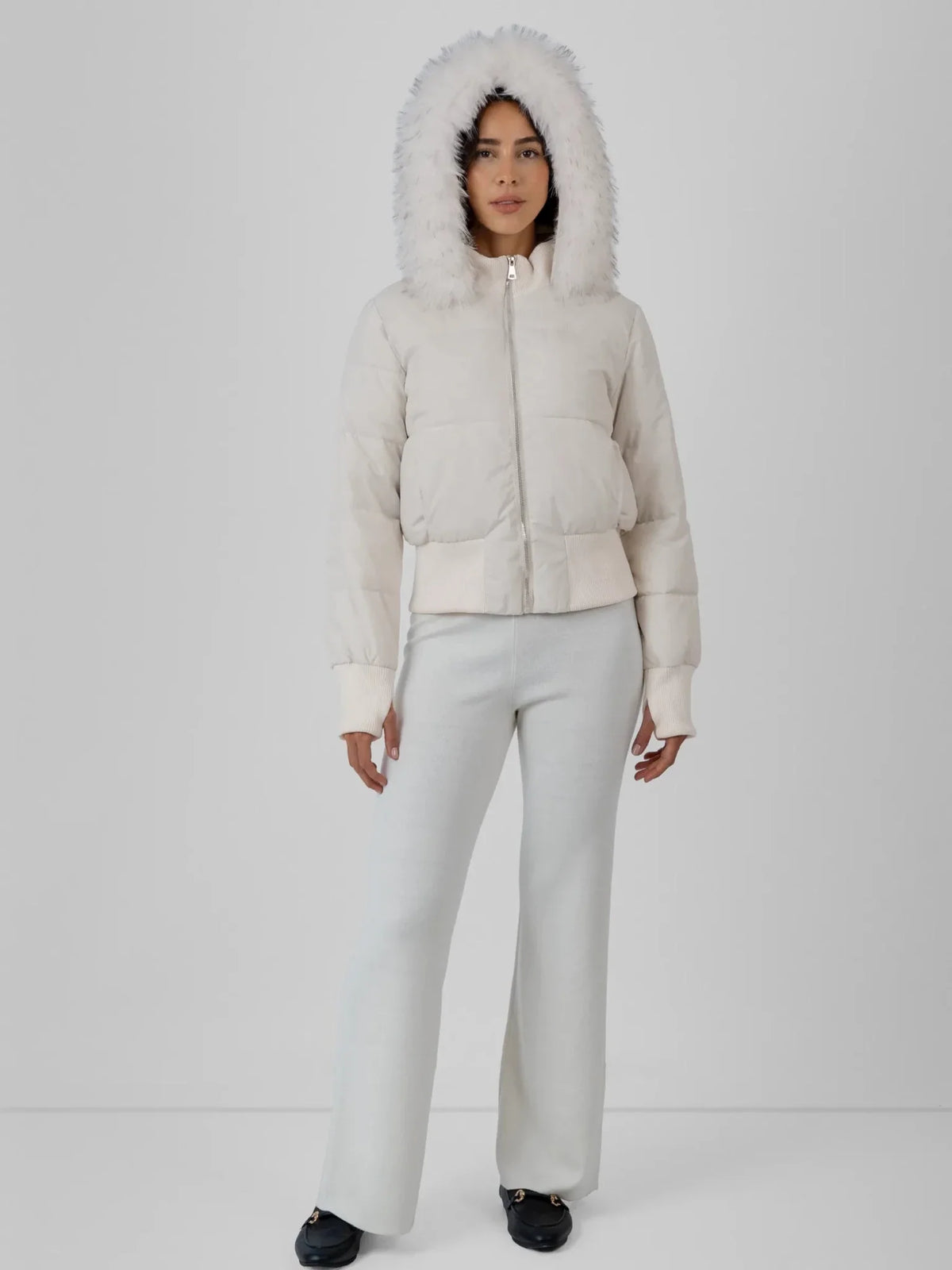 PUFFLT Faux Fur Lined Puffer Bomber With Detachable Hood Trim