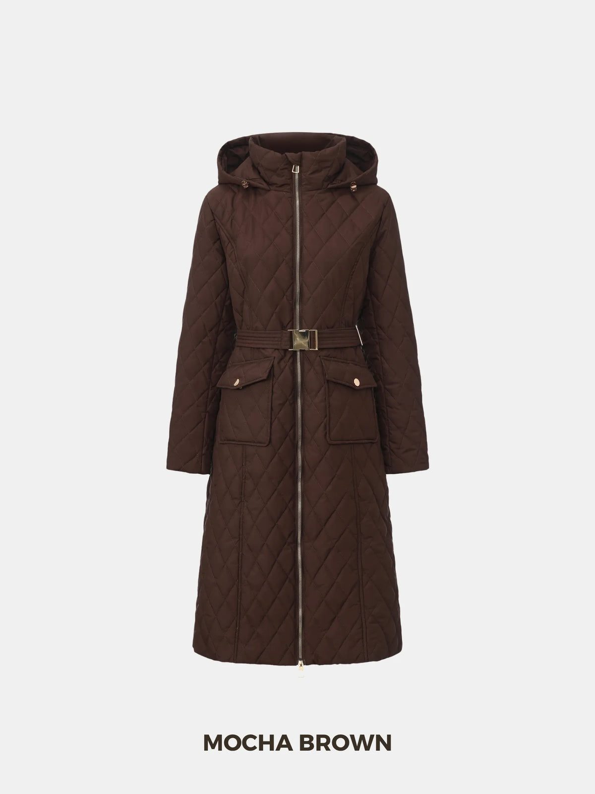 PUFFLT Long Diamond Quilted Belted Puffer