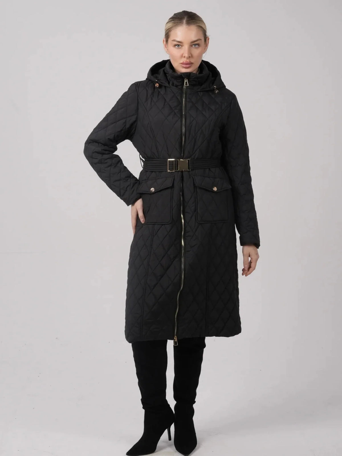 PUFFLT Long Diamond Quilted Belted Puffer
