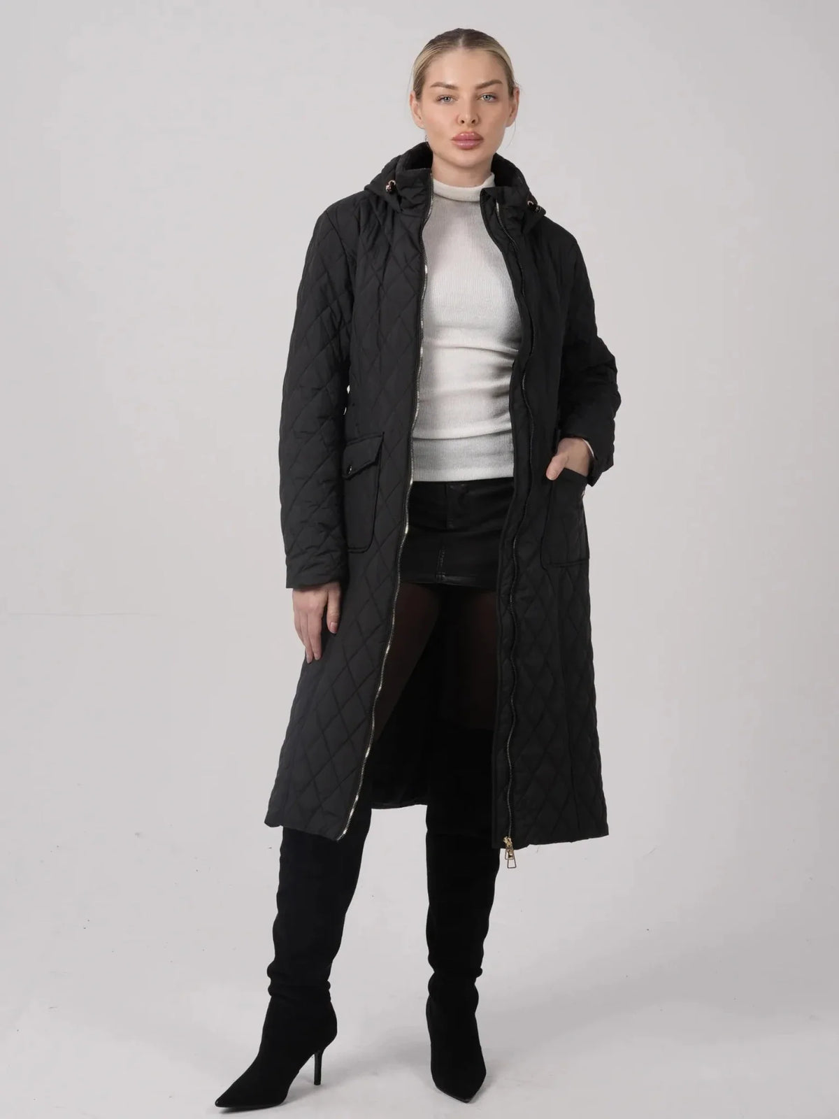 PUFFLT Long Diamond Quilted Belted Puffer