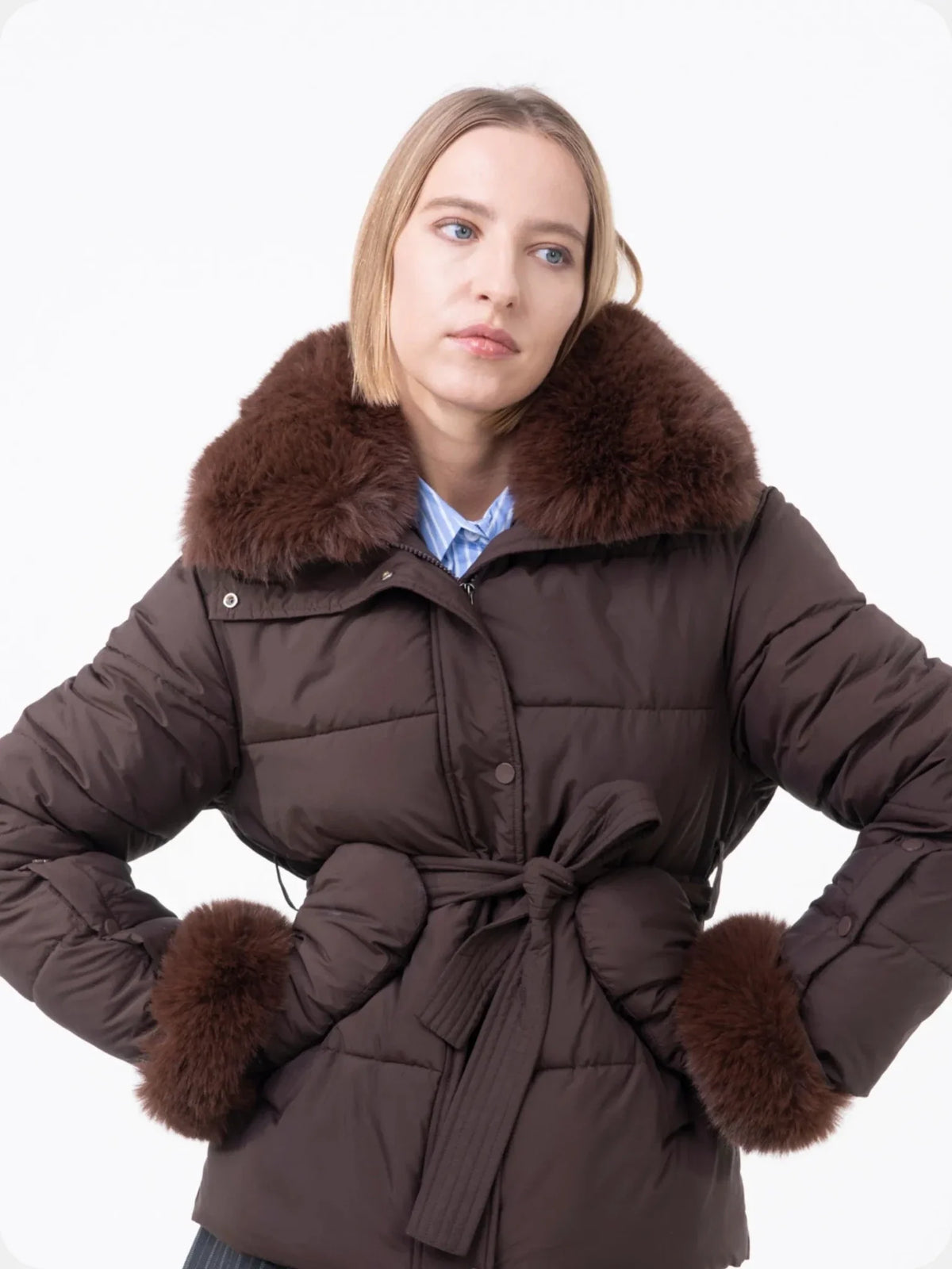 PUFFLT Beige Detachable Faux Fur Collar Puffer With Belt