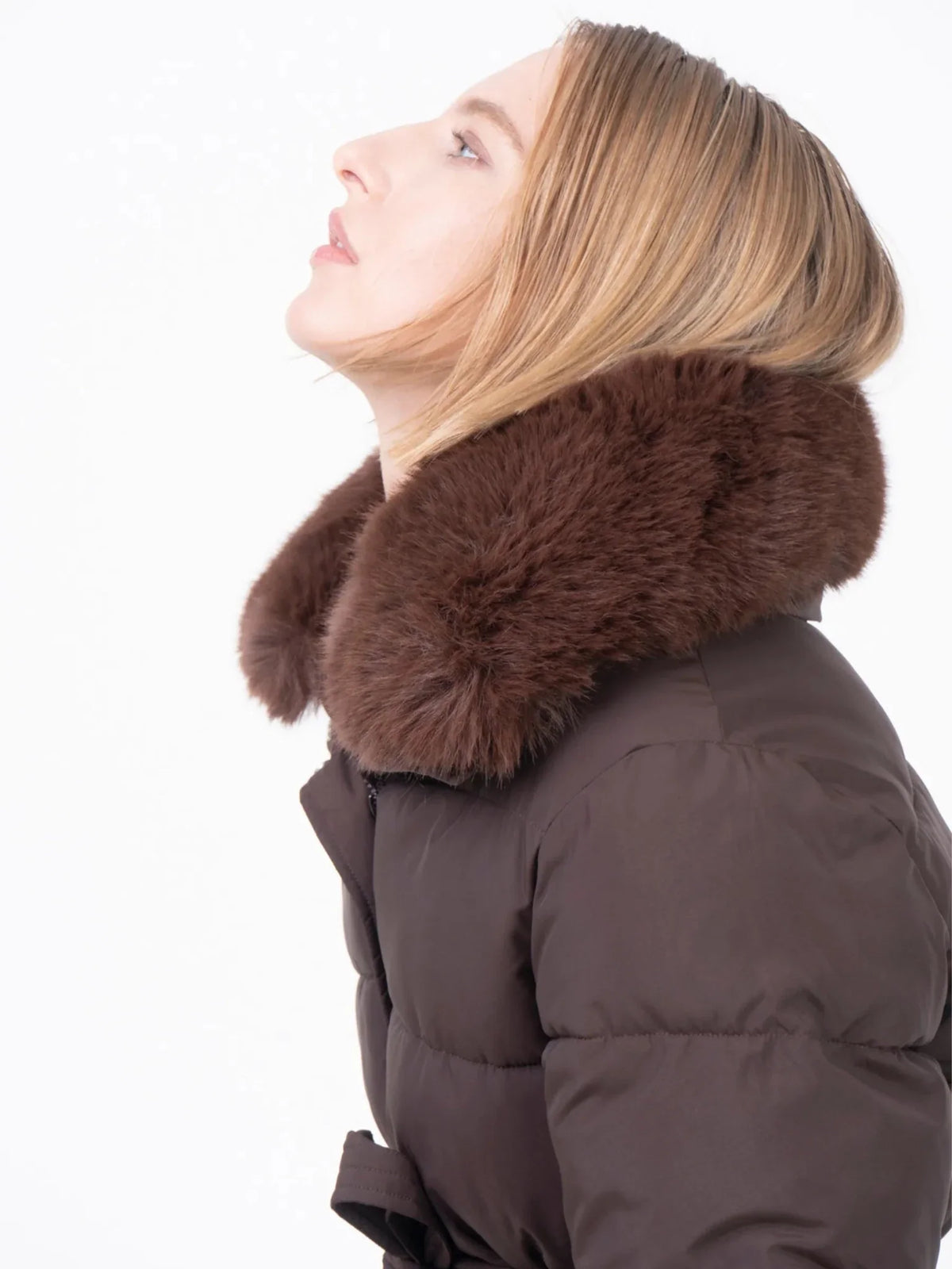 PUFFLT Beige Detachable Faux Fur Collar Puffer With Belt