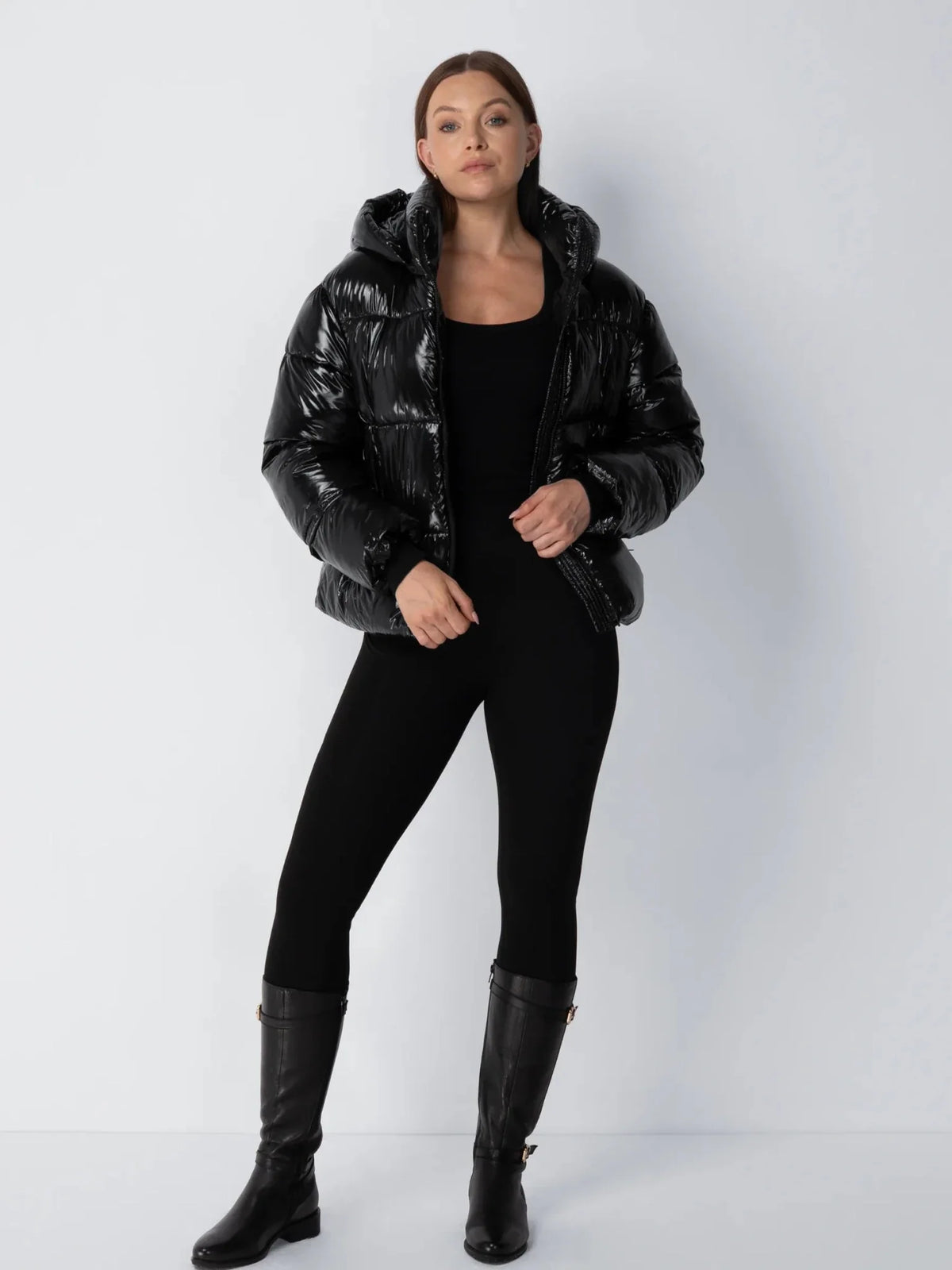 PUFFLT Shiny Black Detachable Hooded Puffer Jacket