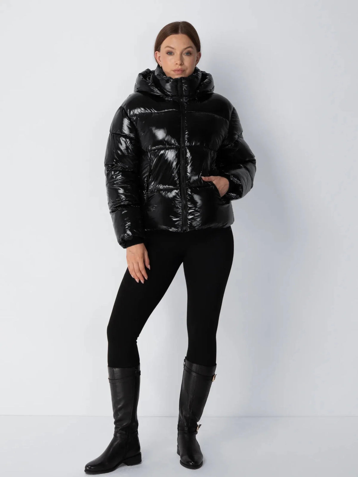 PUFFLT Shiny Black Detachable Hooded Puffer Jacket