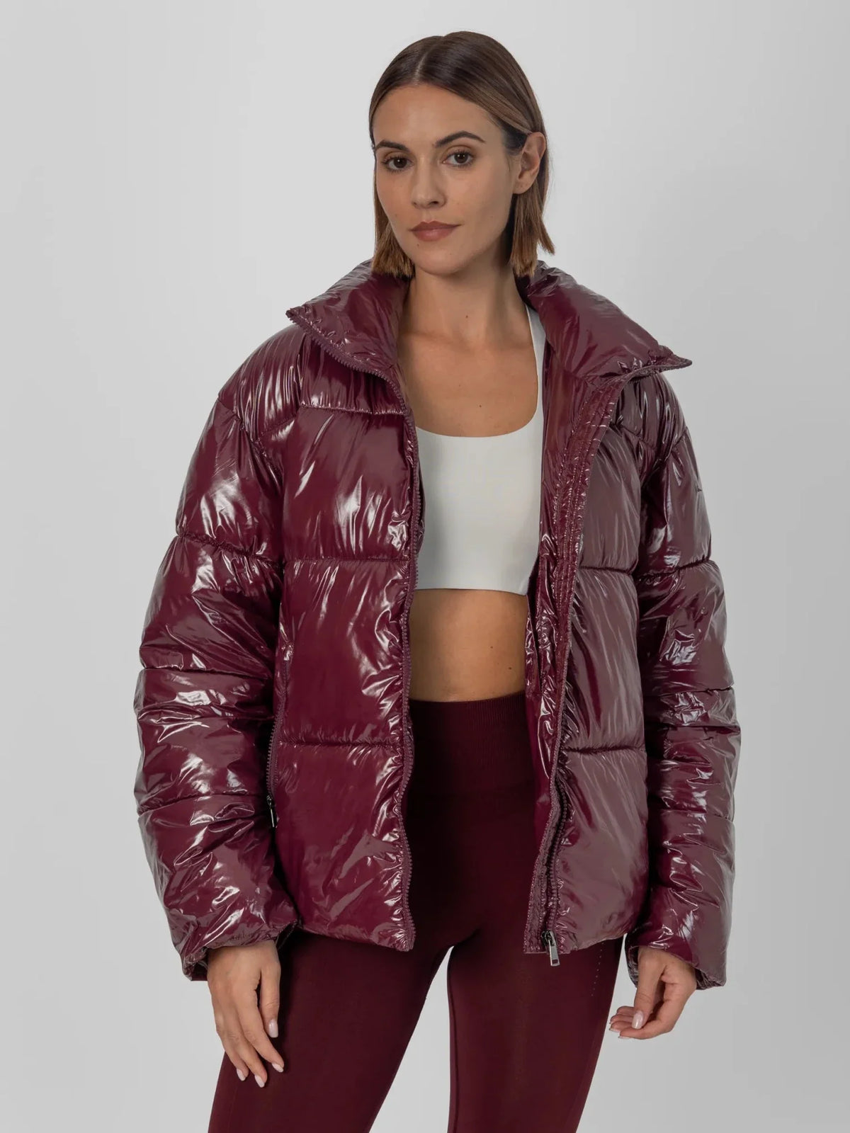 PUFFLT Shiny Burgundy Detachable Hooded Puffer Jacket