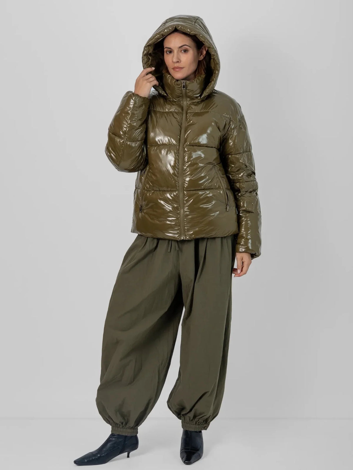 PUFFLT Shiny Green Detachable Hooded Puffer Jacket