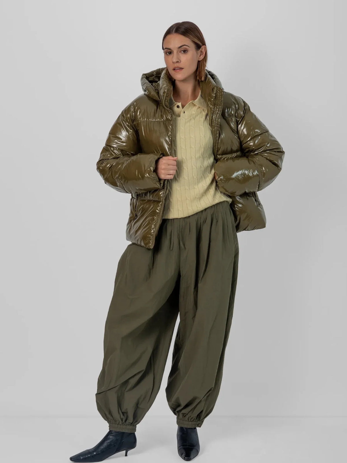 PUFFLT Shiny Green Detachable Hooded Puffer Jacket