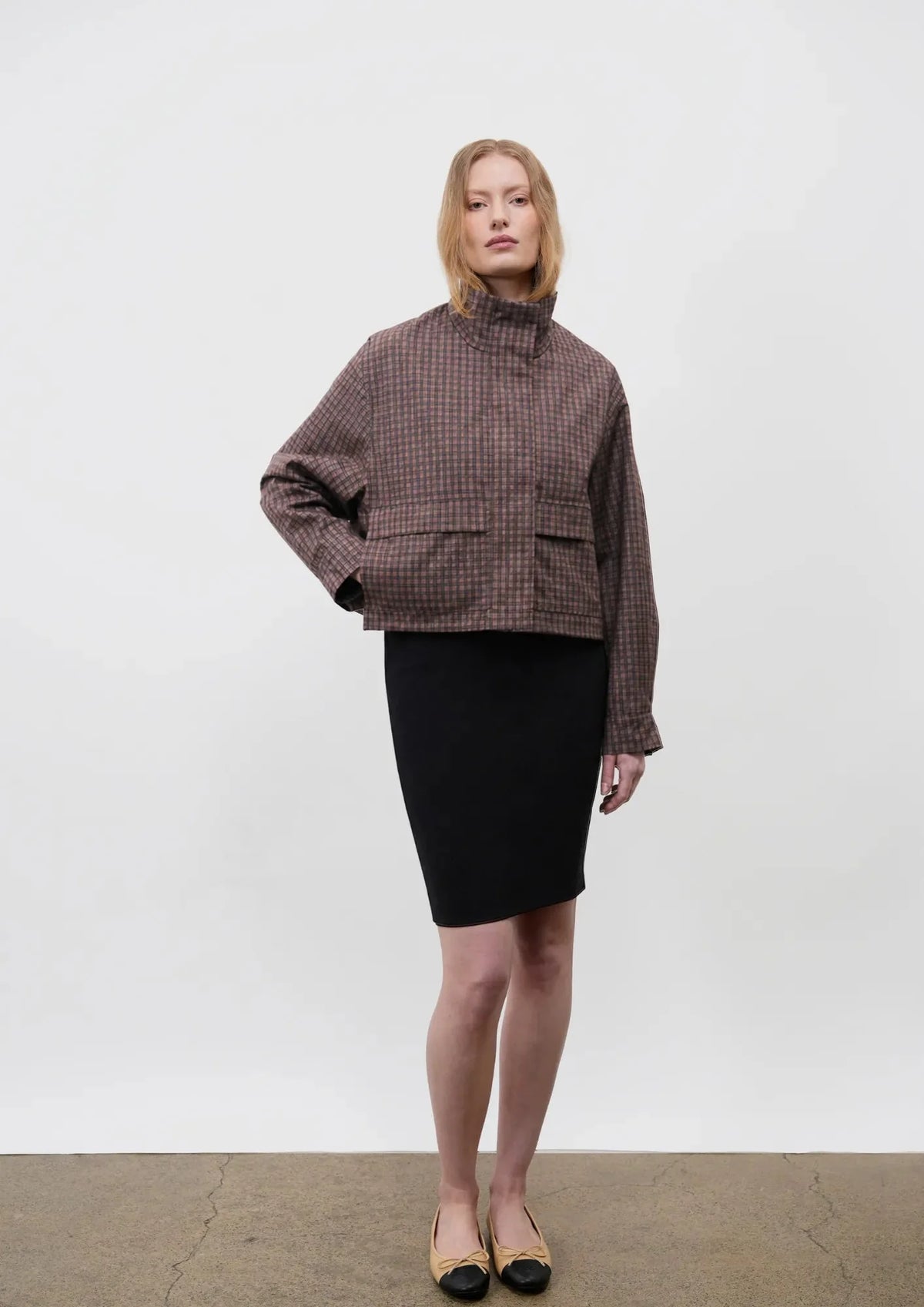 PUFFLT Brown Check Funnel Collar Waterproof Bomber Jacket