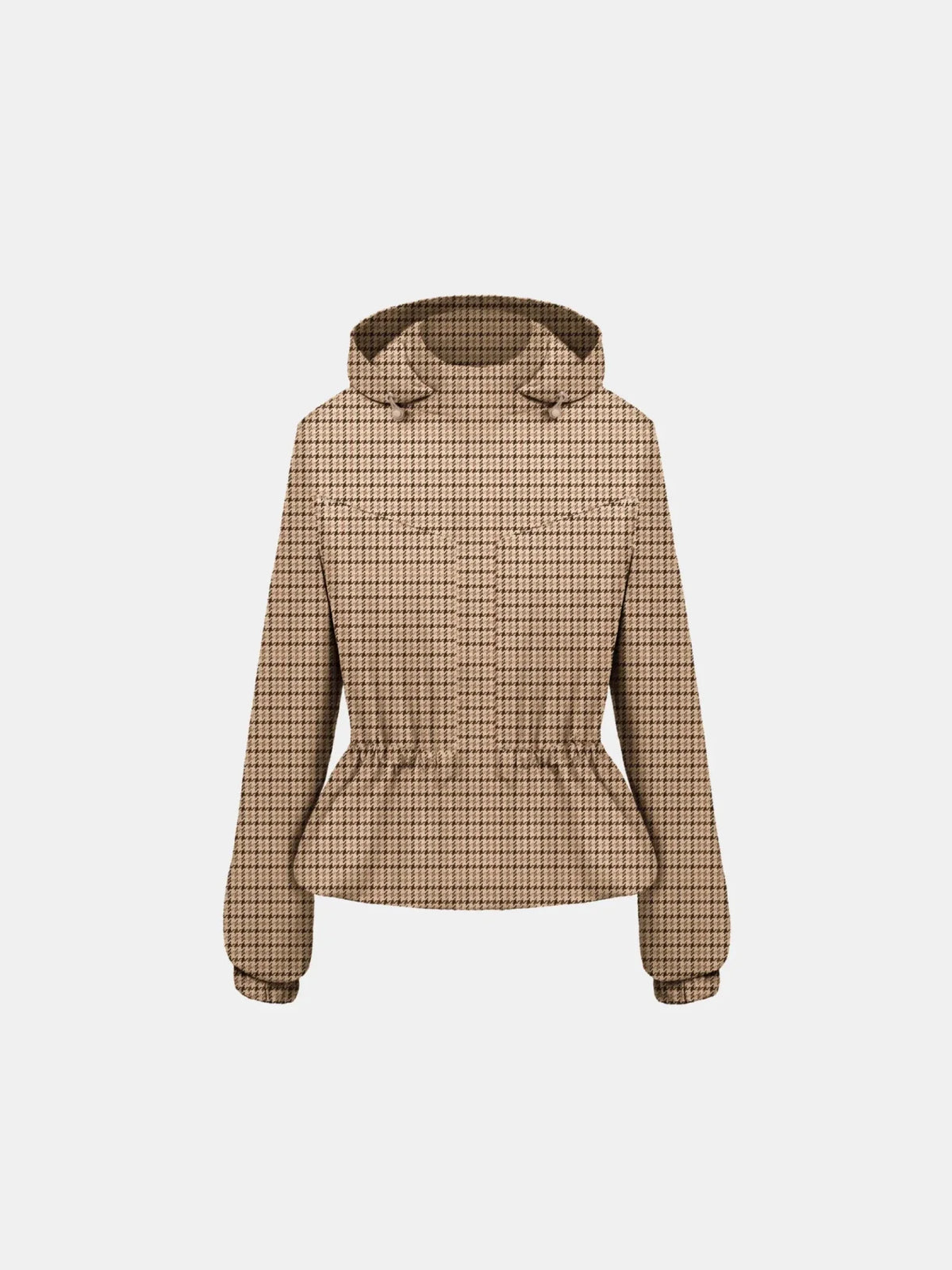 PUFFLT Beige Houndstooth Short Drawstring Waist Rain Jacket