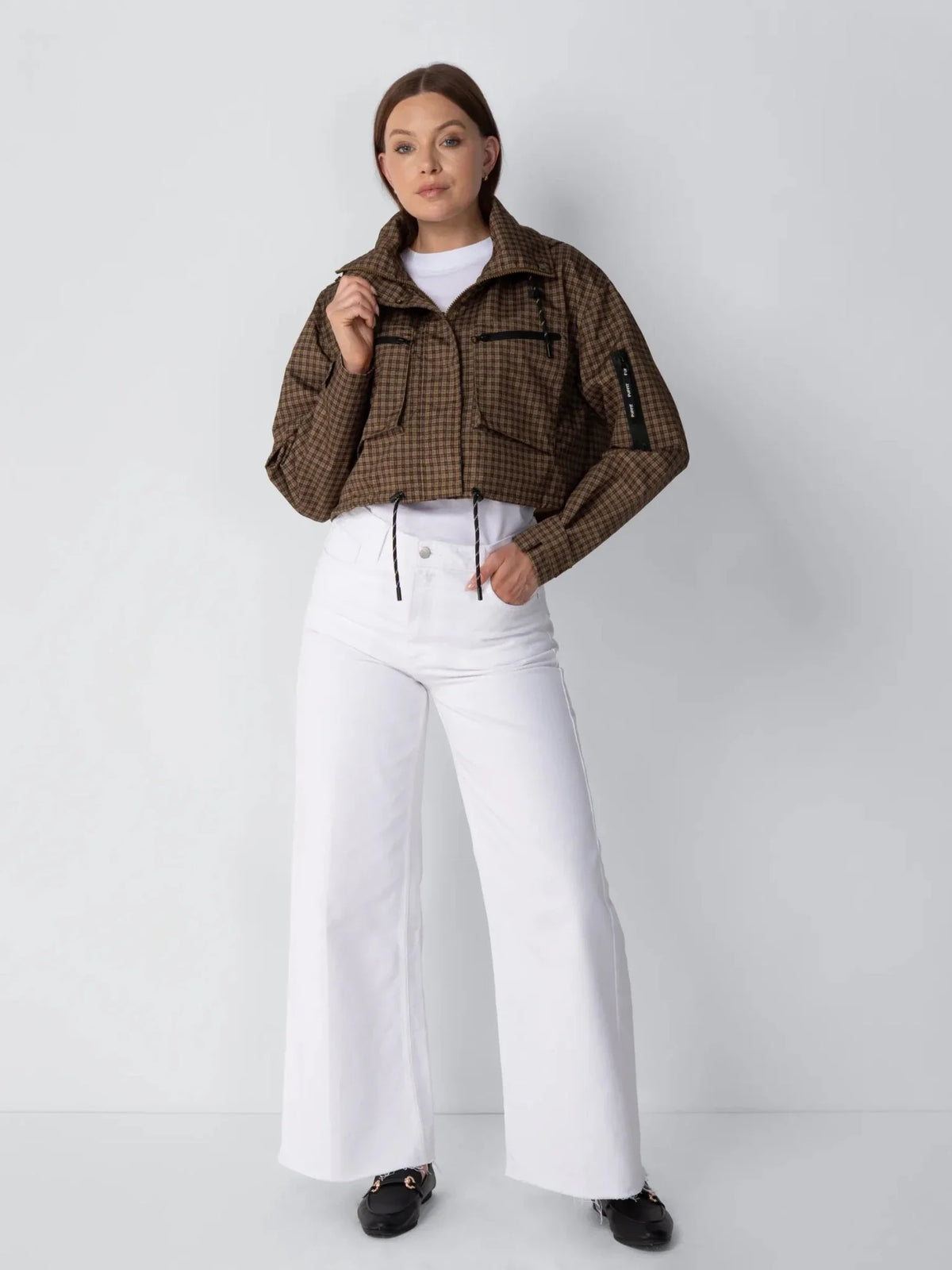 PUFFLT Brown Check Cropped Detached Hooded Rain Jacket