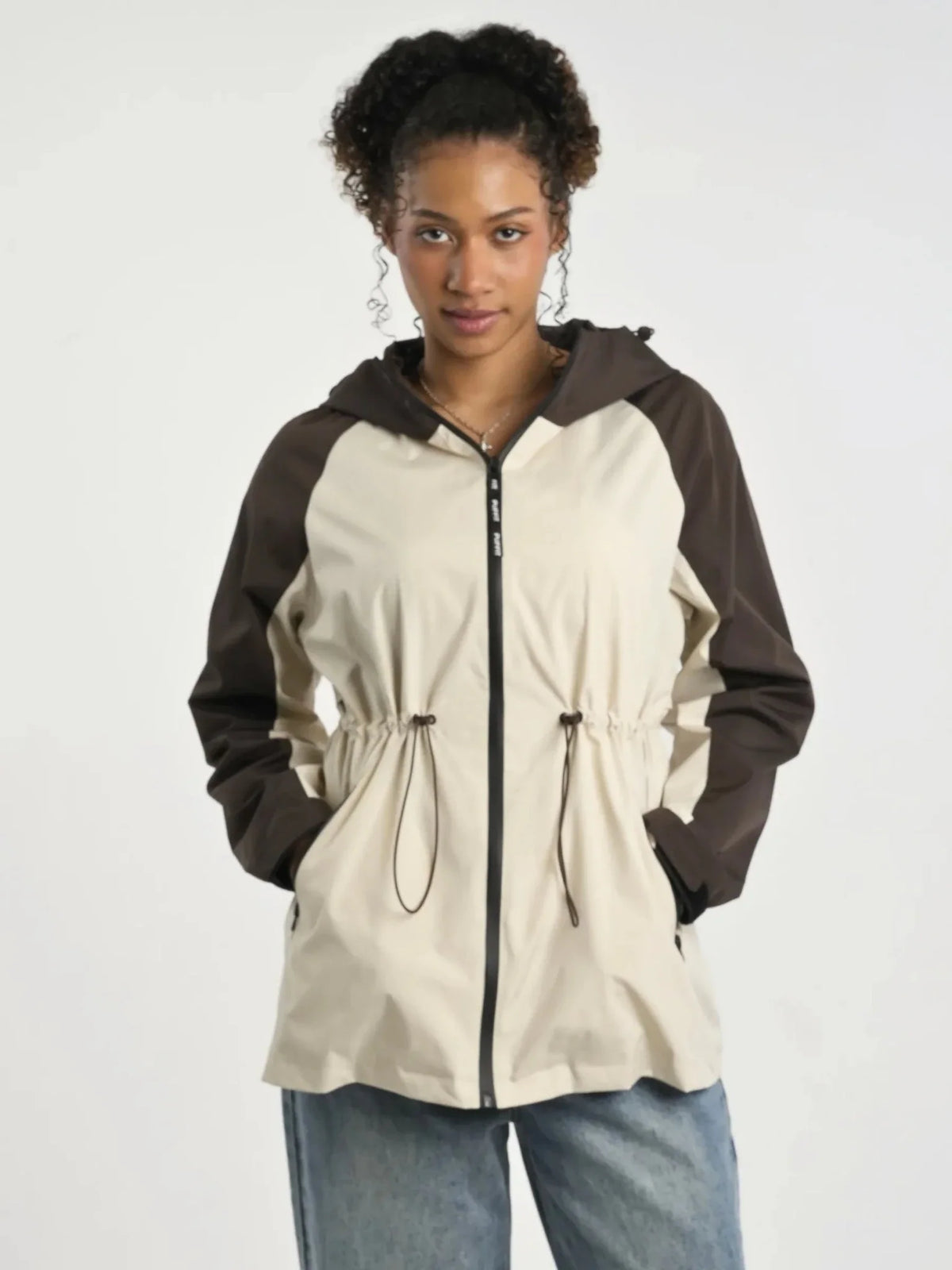 PUFFLT Brown/White Full-Zip Rain Jacket