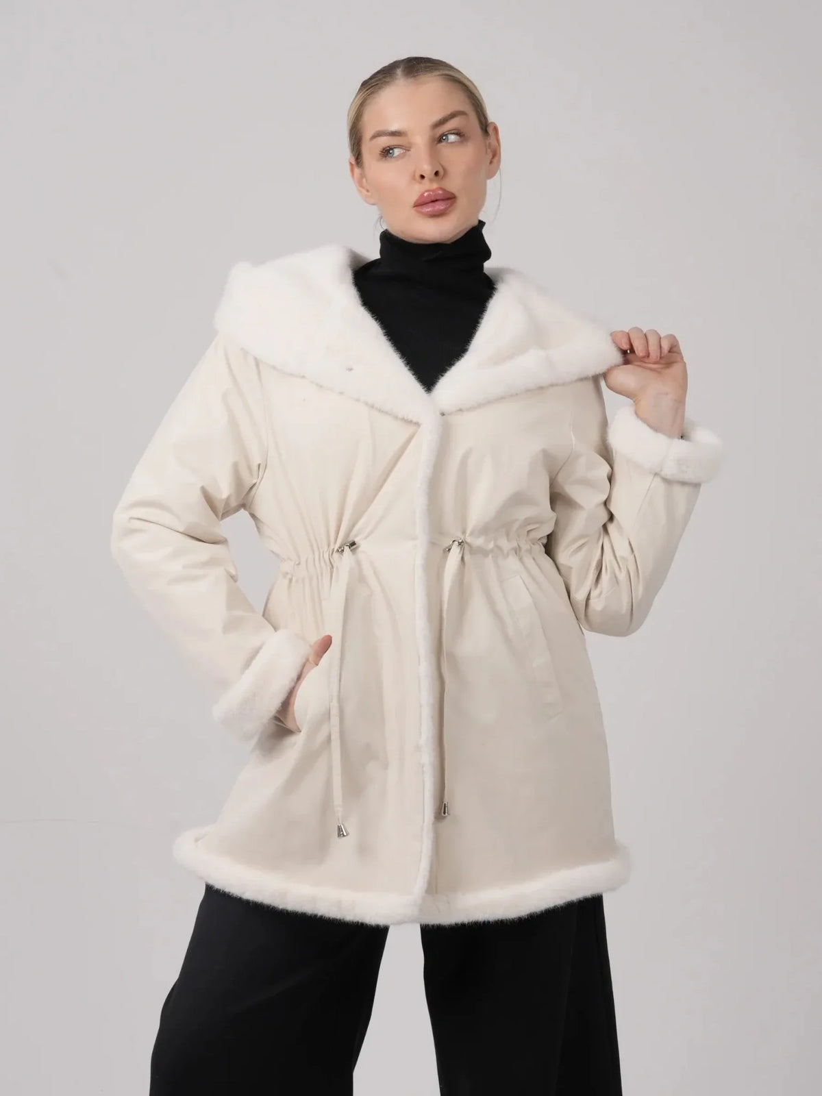 PUFFLT Faux Fur Lined Mid Length Rain Coat