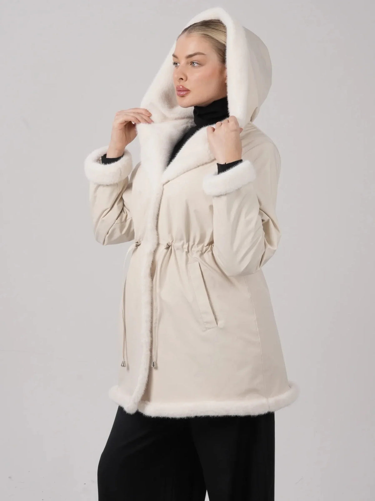 PUFFLT Faux Fur Lined Mid Length Rain Coat