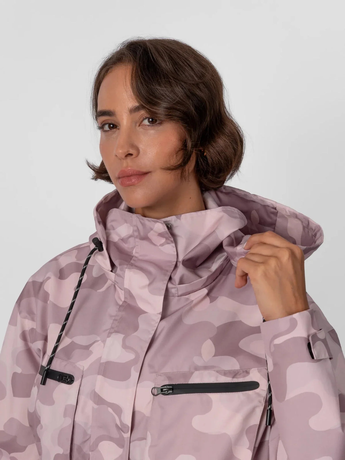 PUFFLT Pink Camo Cropped Detached Hooded Rain Jacket